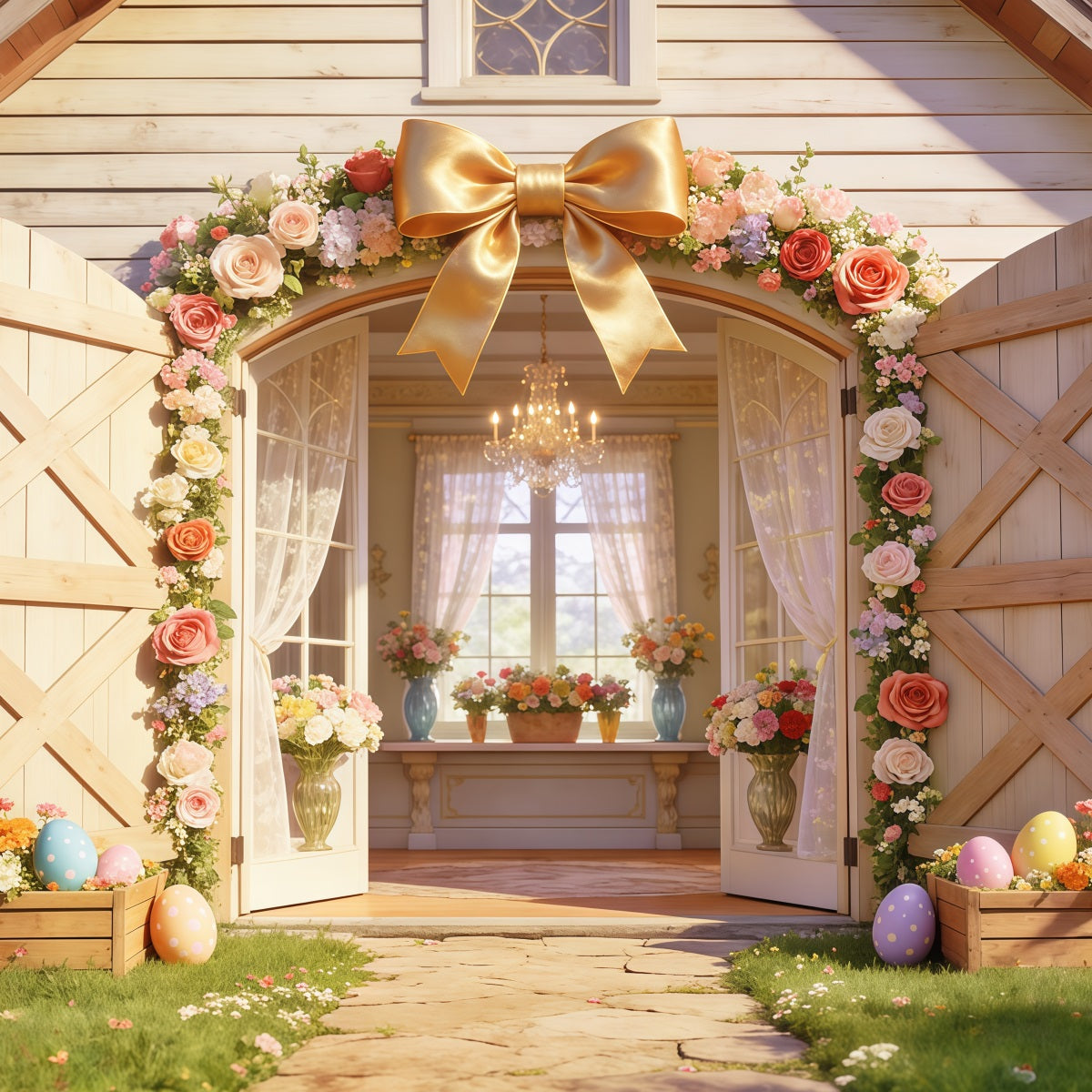 Easter Cottage Garden Backdrop Rustic Barn Flower Arch Open Doors Backdrops Easter CSH63-28