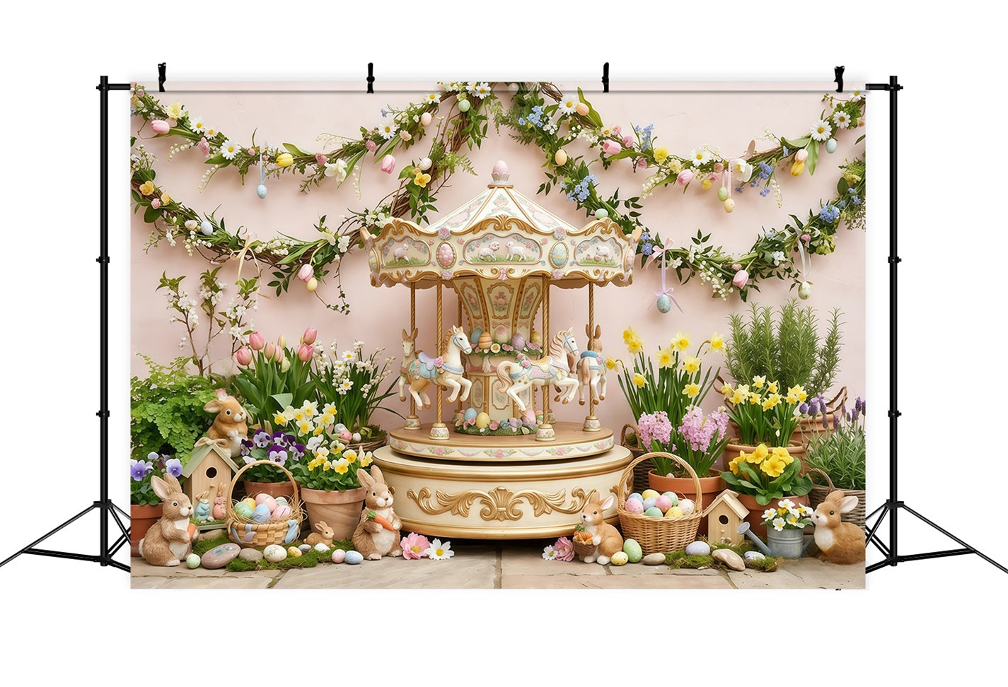 Easter Daffodil Backdrop Vintage Carousel Bunny Flowers Easter Backdrops For Photos CSH63-29