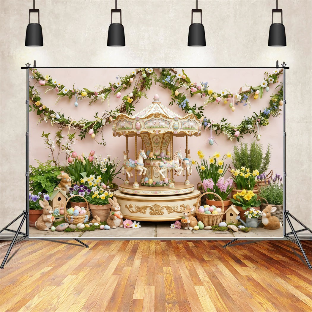 Easter Daffodil Backdrop Vintage Carousel Bunny Flowers Easter Backdrops For Photos CSH63-29