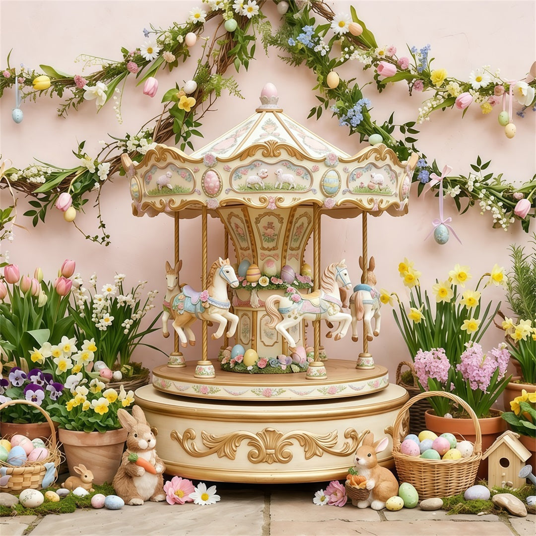 Easter Daffodil Backdrop Vintage Carousel Bunny Flowers Easter Backdrops For Photos CSH63-29