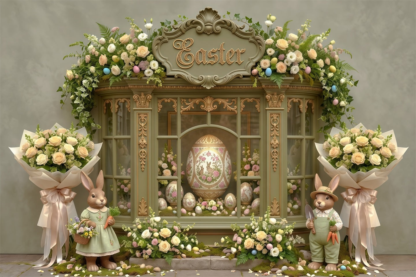 Easter Spring Floral Wreath Backdrop Ornate Egg Floral Window Easter Themed Backdrop CSH63-31