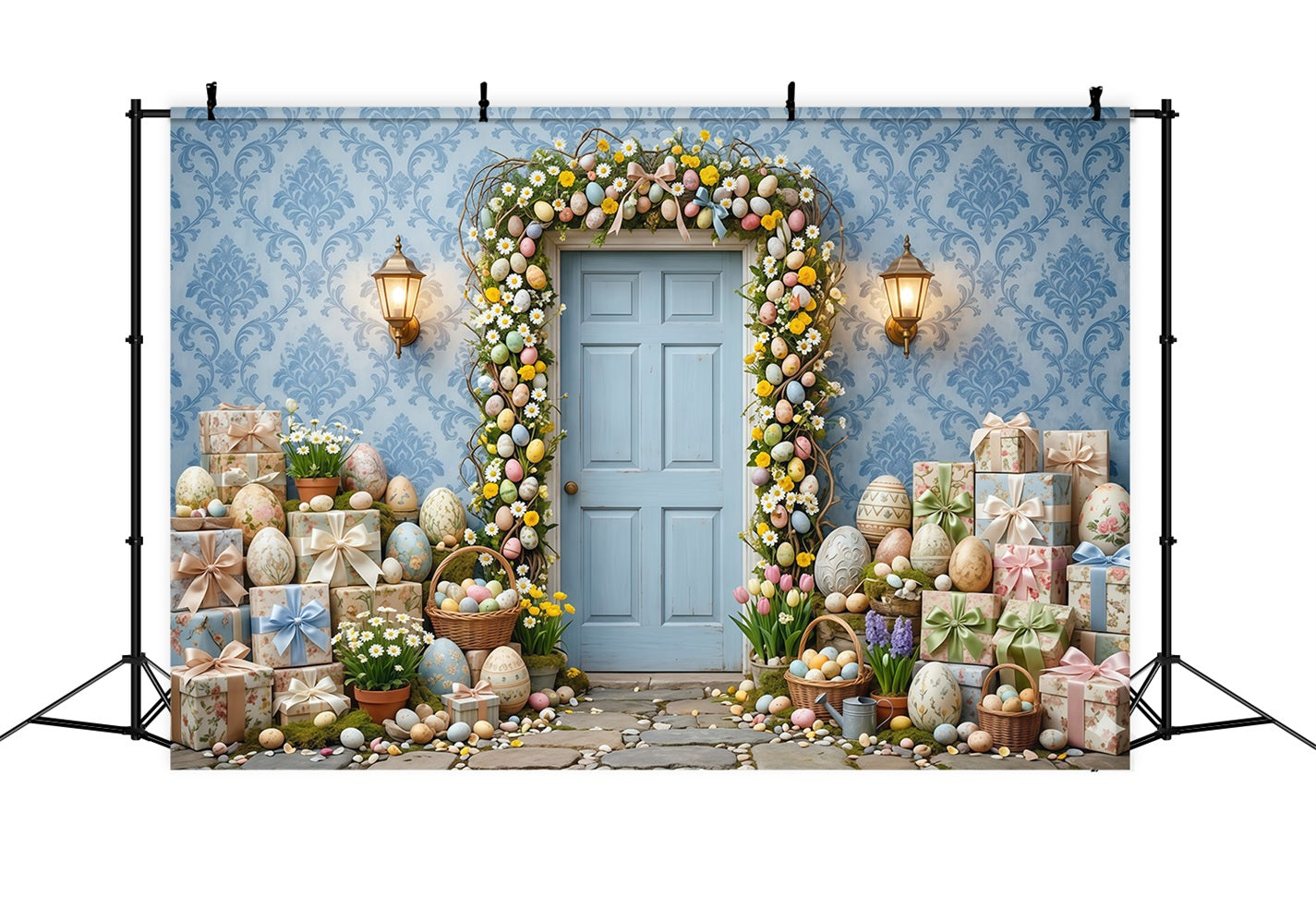Easter Wreath Doorway Backdrop Blue Door Egg Garland Easter Backdrops Photography CSH63-32