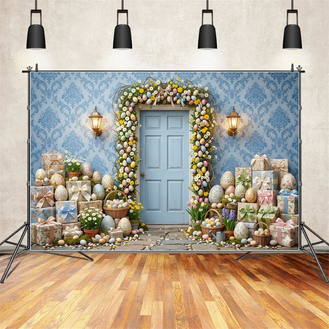 Easter Wreath Doorway Backdrop Blue Door Egg Garland Easter Backdrops Photography CSH63-32