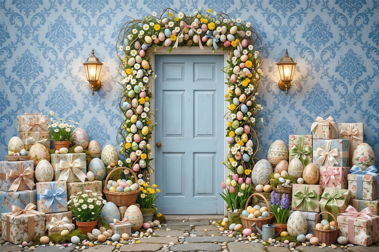Easter Wreath Doorway Backdrop Blue Door Egg Garland Easter Backdrops Photography CSH63-32