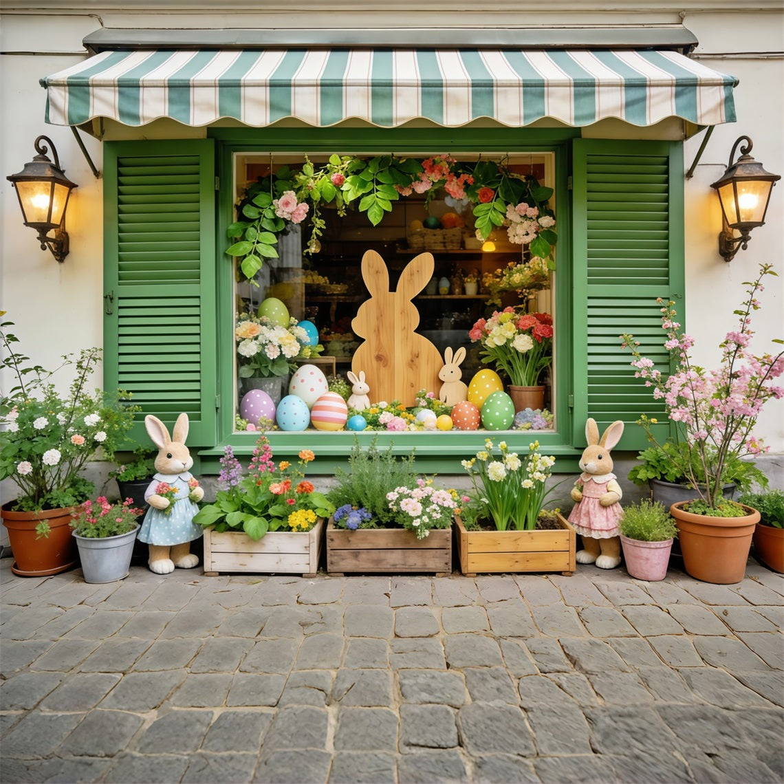 Easter European Garden Backdrop Green Window Bunny Egg Flowers Easter Party Backdrop CSH63-38