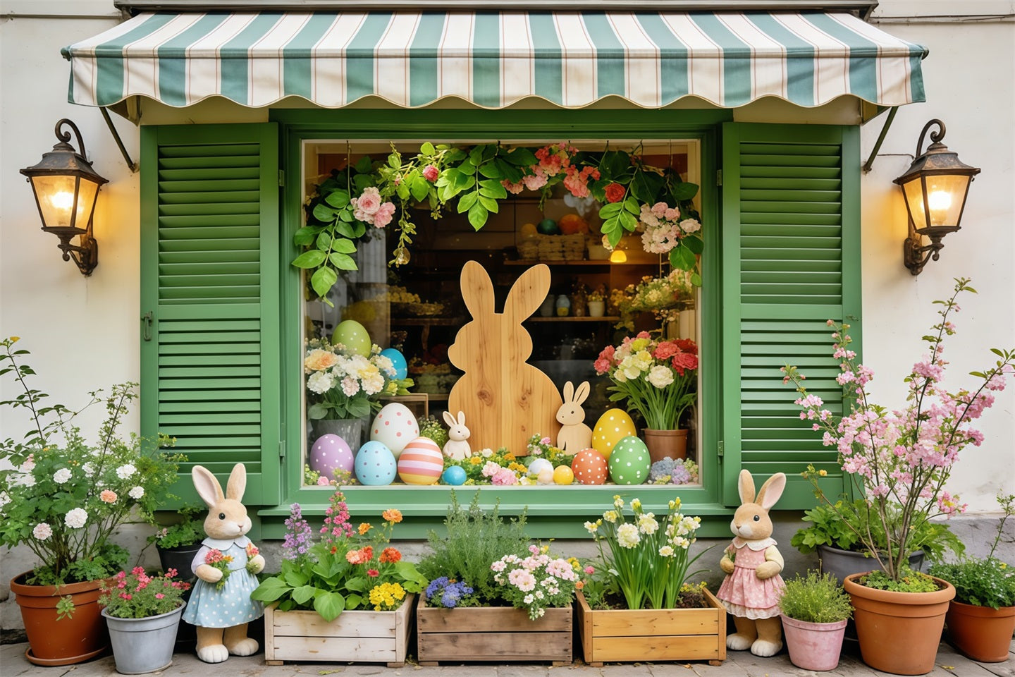 Easter European Garden Backdrop Green Window Bunny Egg Flowers Easter Party Backdrop CSH63-38