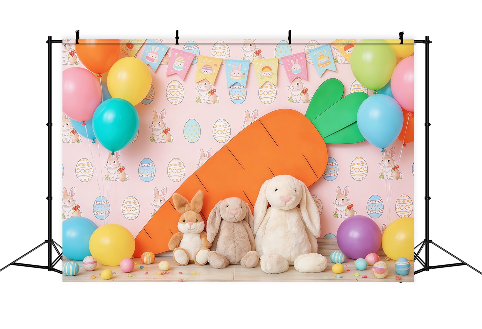 Easter Cute Backdrop Colorful Balloon Carrot Bunny Easter Theme Backdrop CSH63-42