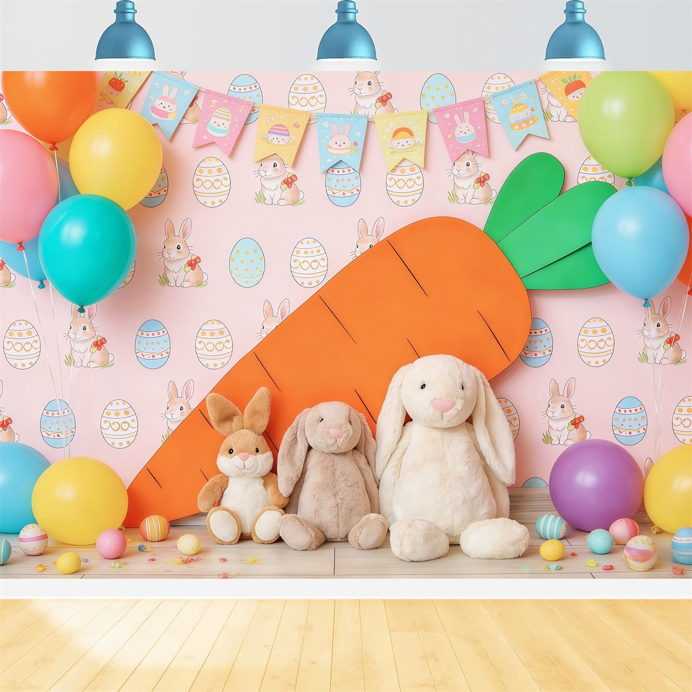 Easter Cute Backdrop Colorful Balloon Carrot Bunny Easter Theme Backdrop CSH63-42