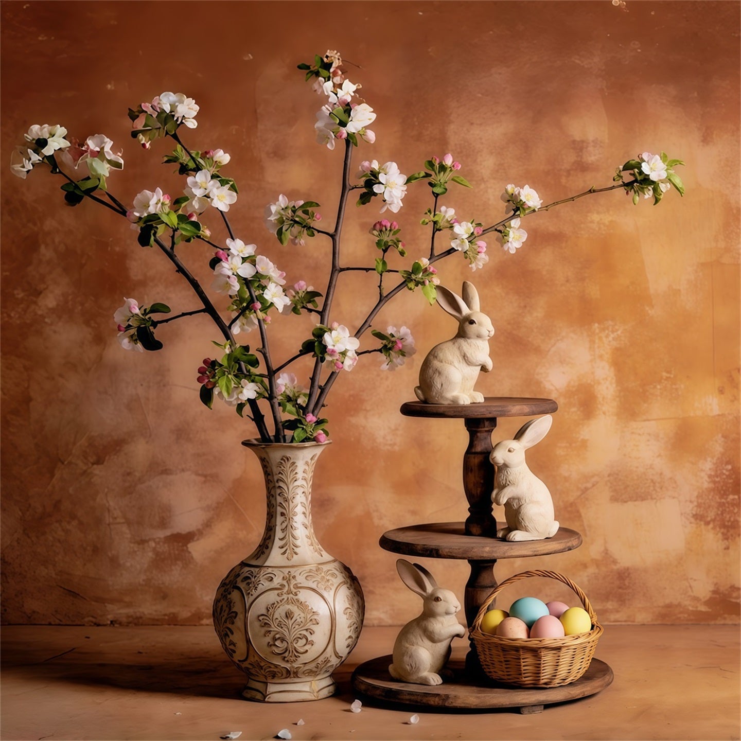 Easter Vintage Floral Backdrop Bunny Blossom Vase Stilllife Easter Backdrops Ideas CSH63-46