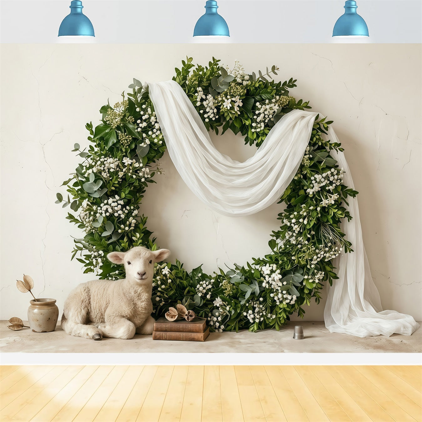 Easter Spring Floral Wreath Backdrop Nordic Lamb Rustic Decor Photo Shoot Easter Backdrop CSH63-47