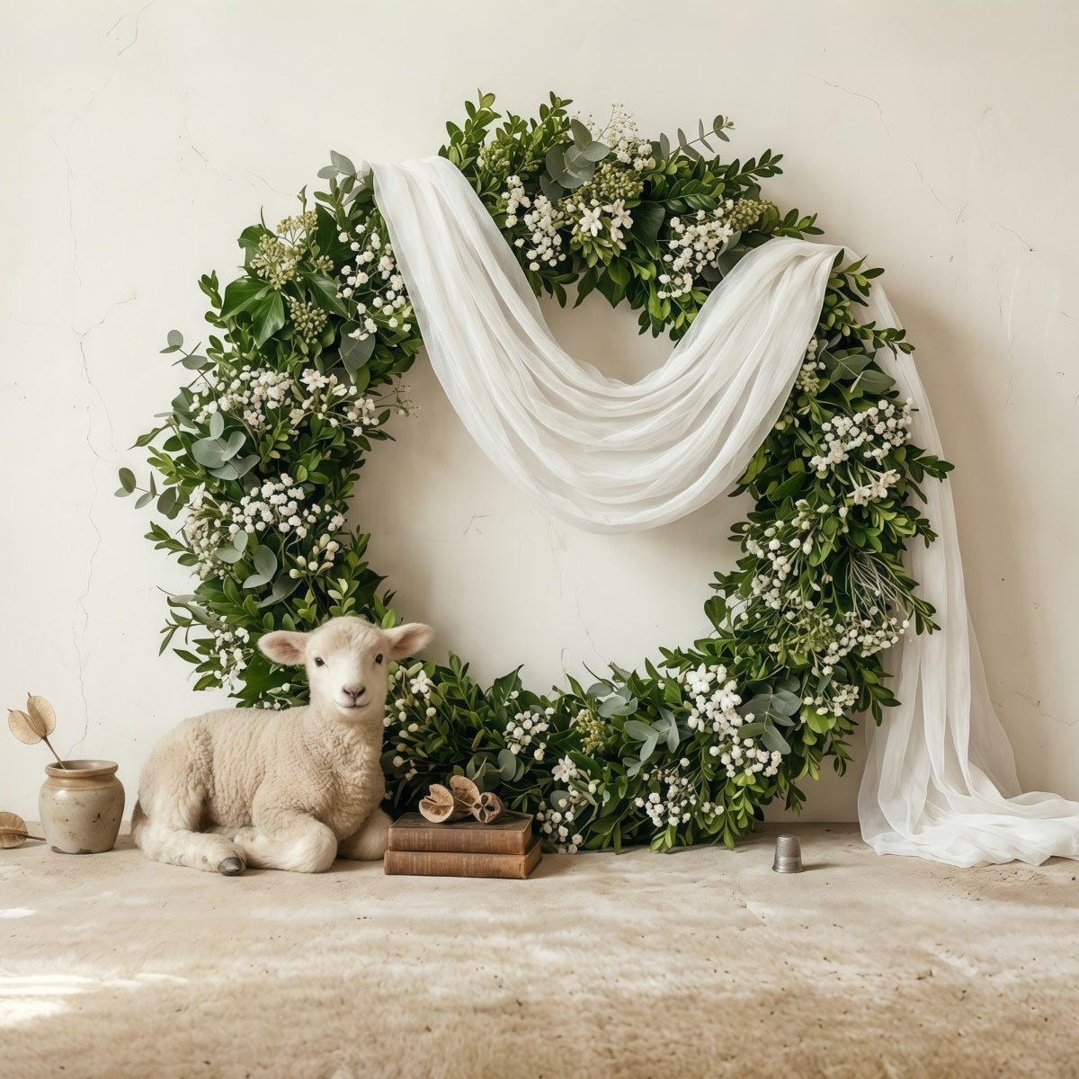 Easter Spring Floral Wreath Backdrop Nordic Lamb Rustic Decor Photo Shoot Easter Backdrop CSH63-47