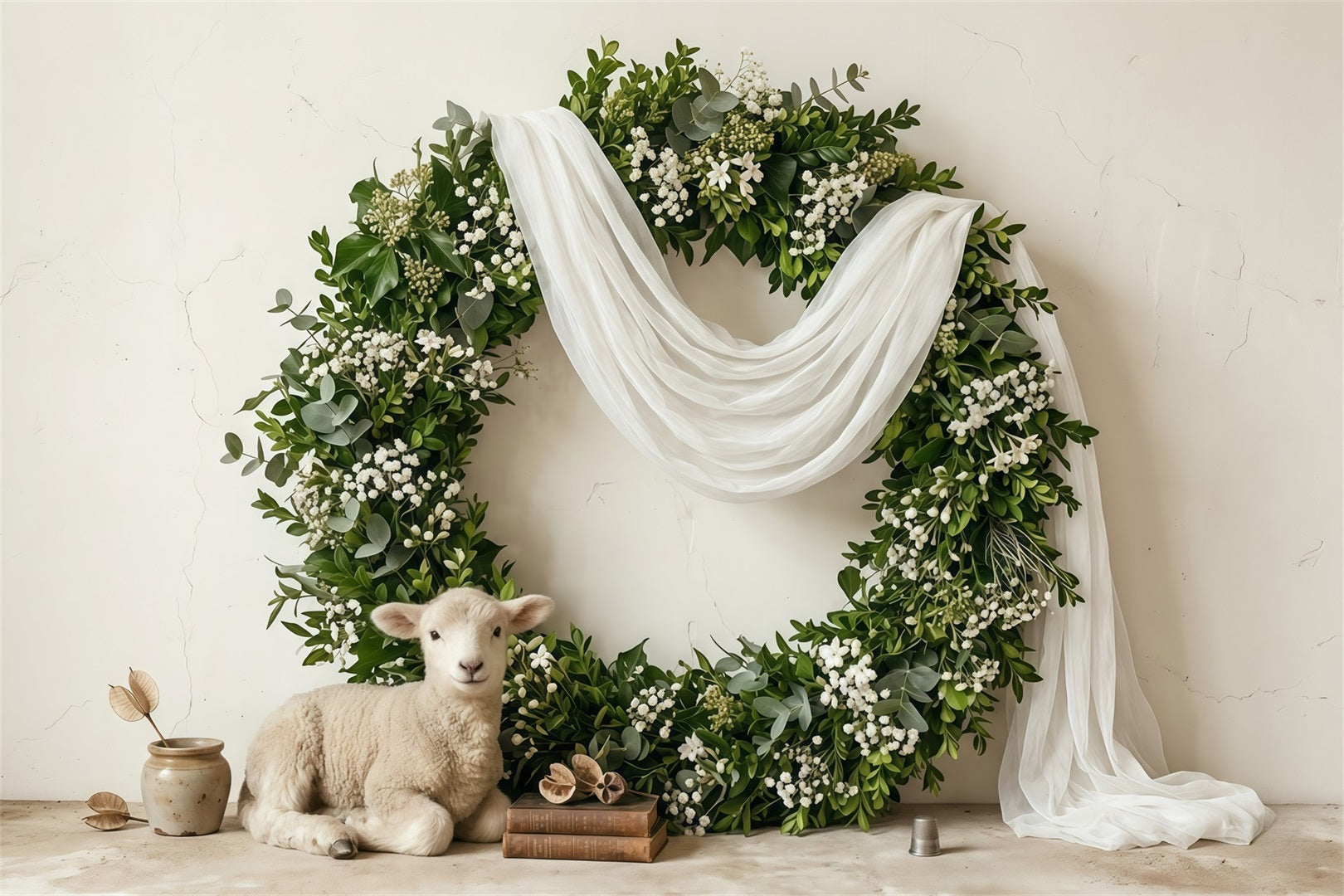 Easter Spring Floral Wreath Backdrop Nordic Lamb Rustic Decor Photo Shoot Easter Backdrop CSH63-47