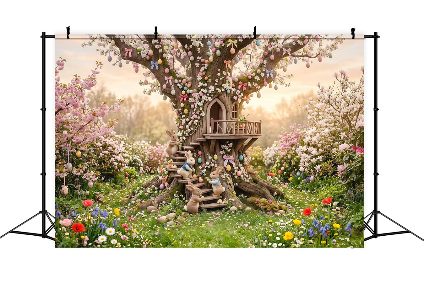 Easter Cherry Blossom Backdrop Fantasy Tree Bunny Treehouse Outdoor Easter Backdrops CSH63-49