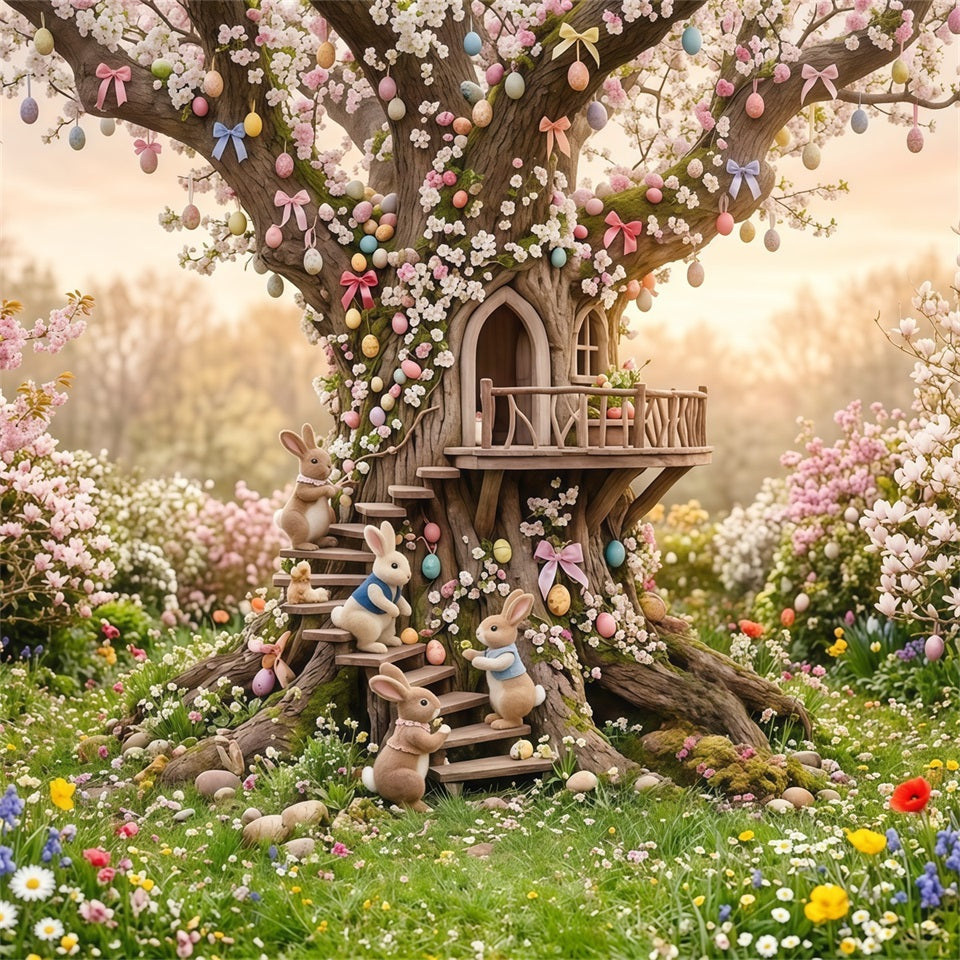 Easter Cherry Blossom Backdrop Fantasy Tree Bunny Treehouse Outdoor Easter Backdrops CSH63-49