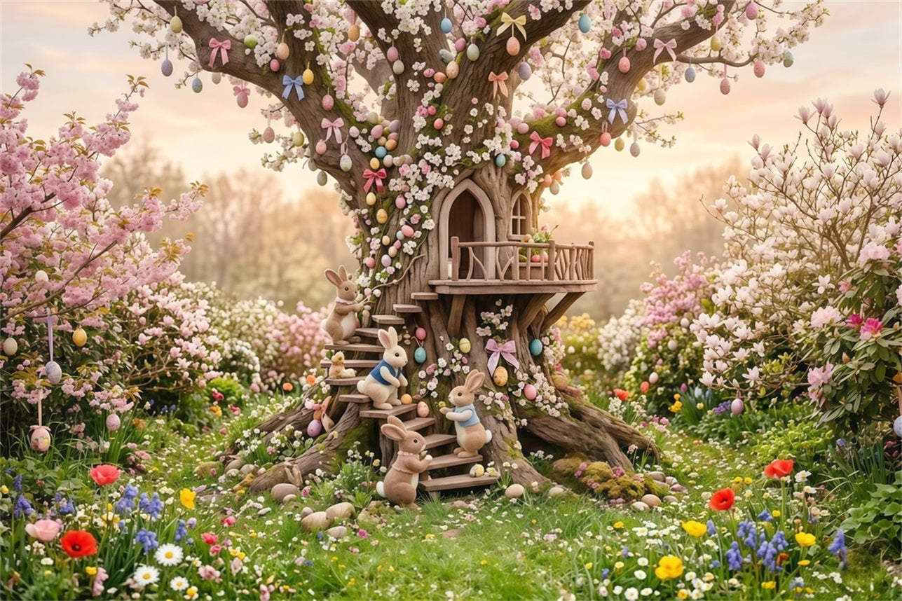 Easter Cherry Blossom Backdrop Fantasy Tree Bunny Treehouse Outdoor Easter Backdrops CSH63-49