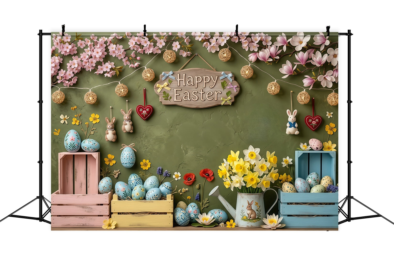 Easter Rustic Backdrop Pastel Eggs Crates Daffodil Easter Pictures Backdrop CSH63-50