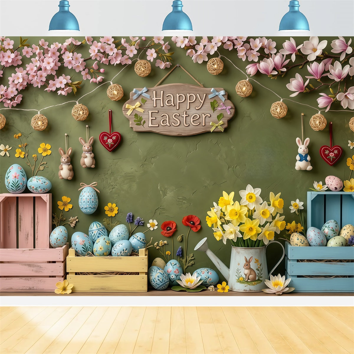 Easter Rustic Backdrop Pastel Eggs Crates Daffodil Easter Pictures Backdrop CSH63-50