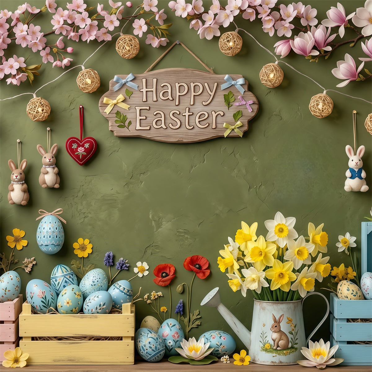 Easter Rustic Backdrop Pastel Eggs Crates Daffodil Easter Pictures Backdrop CSH63-50