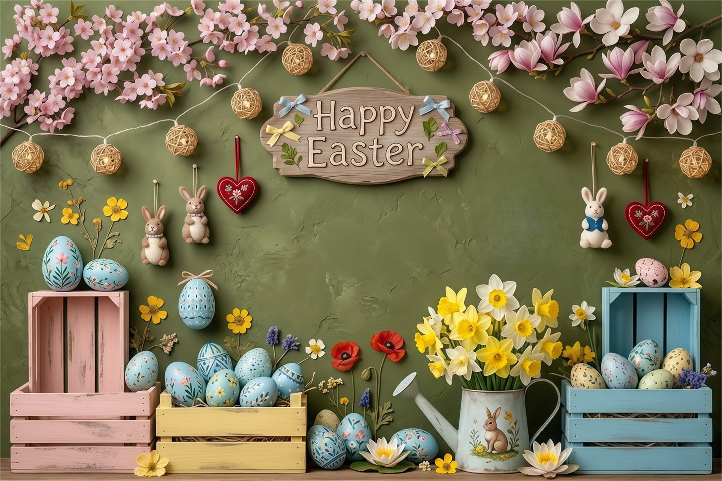Easter Rustic Backdrop Pastel Eggs Crates Daffodil Easter Pictures Backdrop CSH63-50