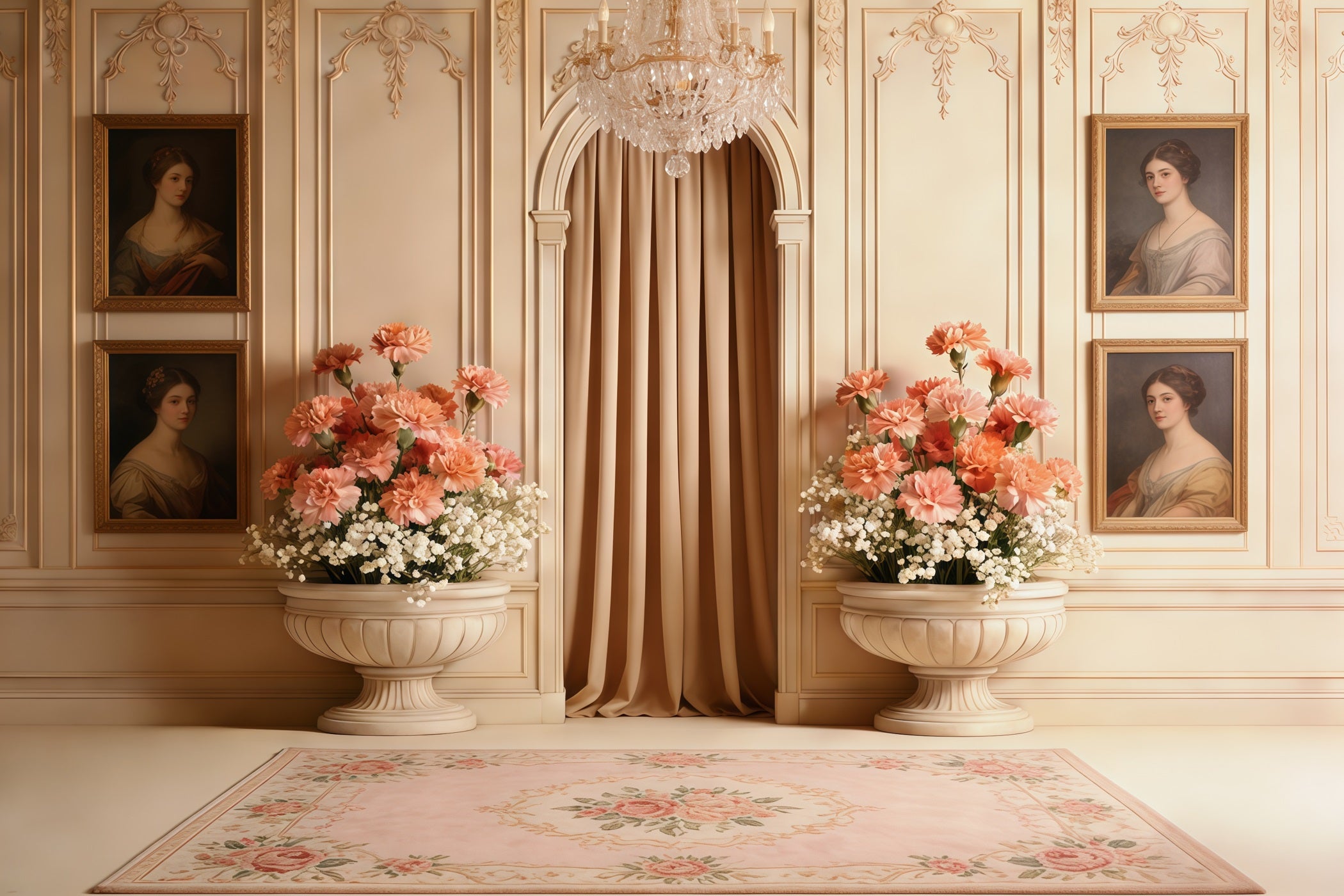 Carnation Mother's Day Backdrop Vintage Cream Parlor Floral Mother's Day Backdrop CSH63-54