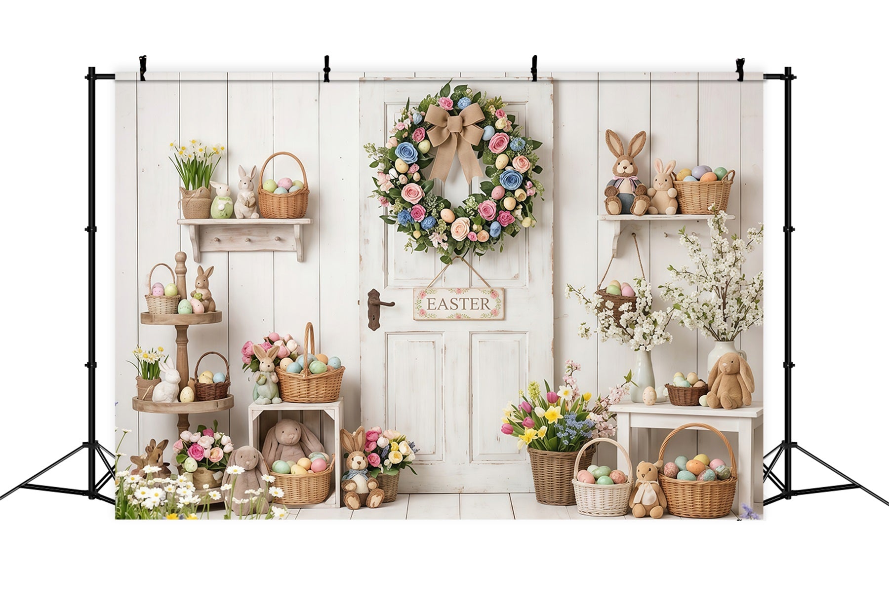 Easter Rustic Backdrop Rustic Door Wreath Egg Baskets Easter Backdrop Photography CSH63-6