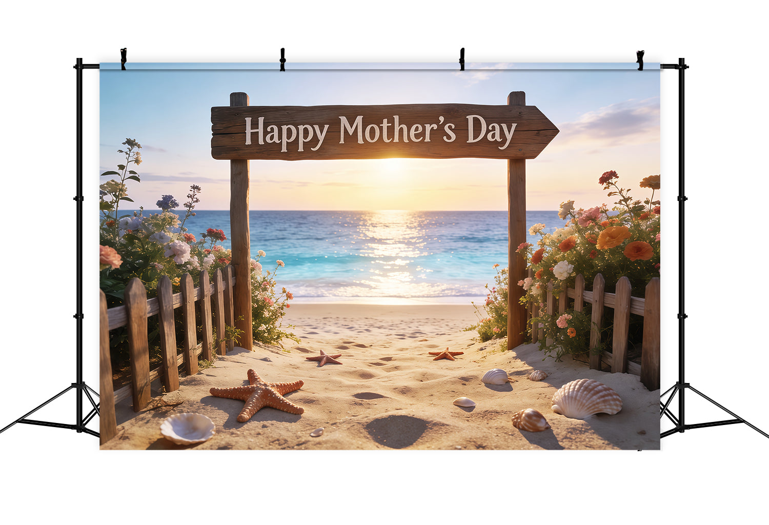 Mother’s Day Lettering Backdrop Sunset Beach Sign Floral Mother's Day Photo Backdrop CSH63-66