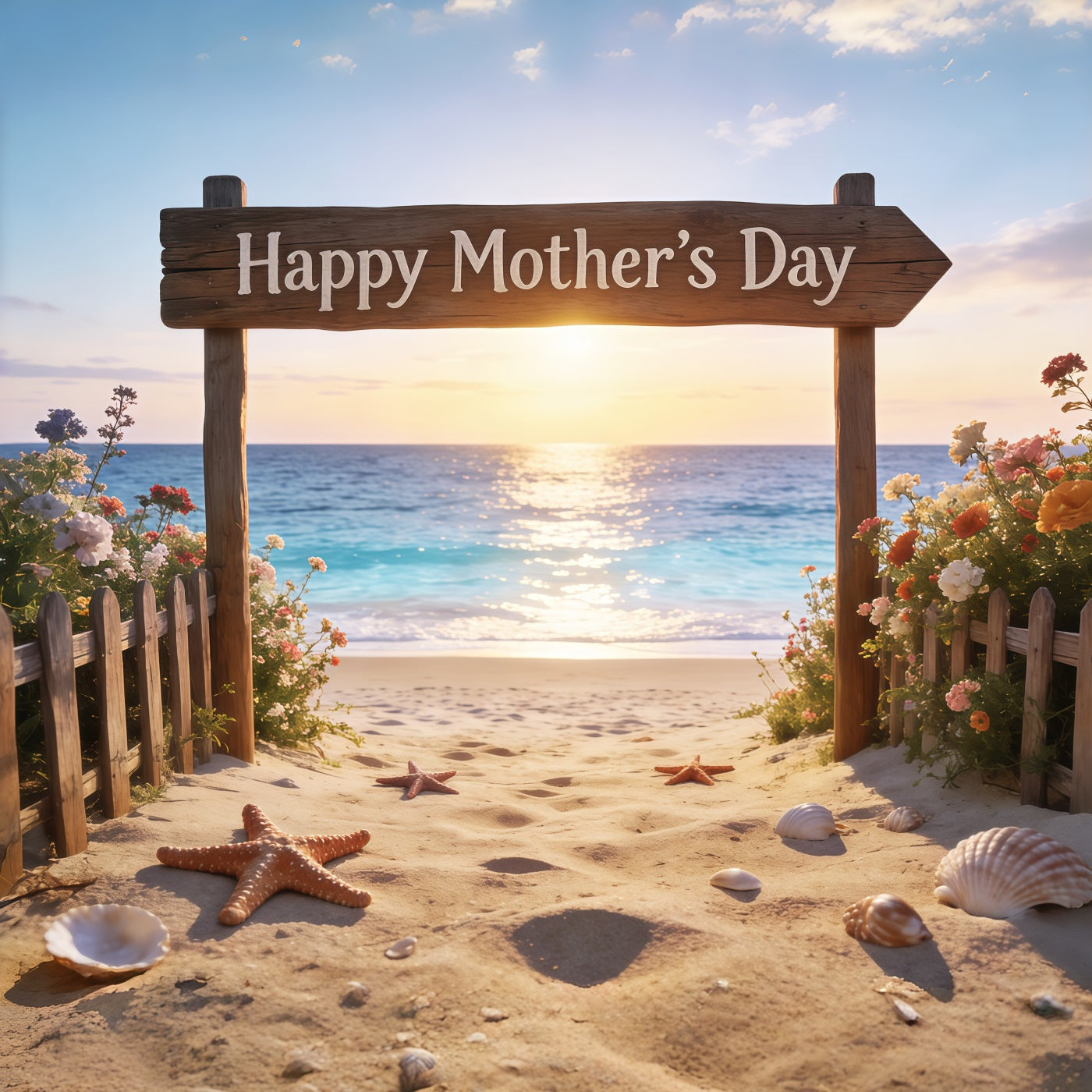 Mother’s Day Lettering Backdrop Sunset Beach Sign Floral Mother's Day Photo Backdrop CSH63-66
