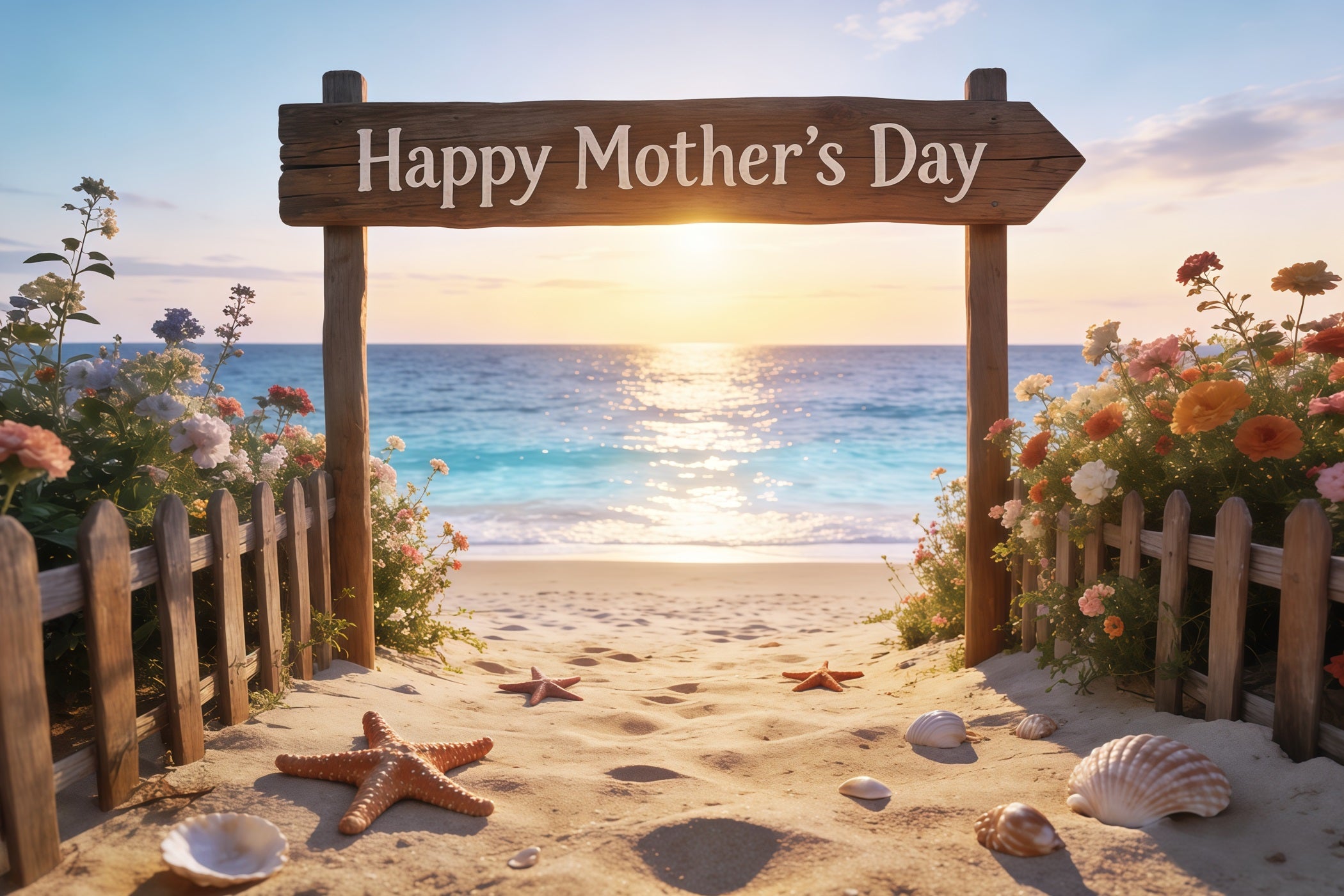 Mother’s Day Lettering Backdrop Sunset Beach Sign Floral Mother's Day Photo Backdrop CSH63-66