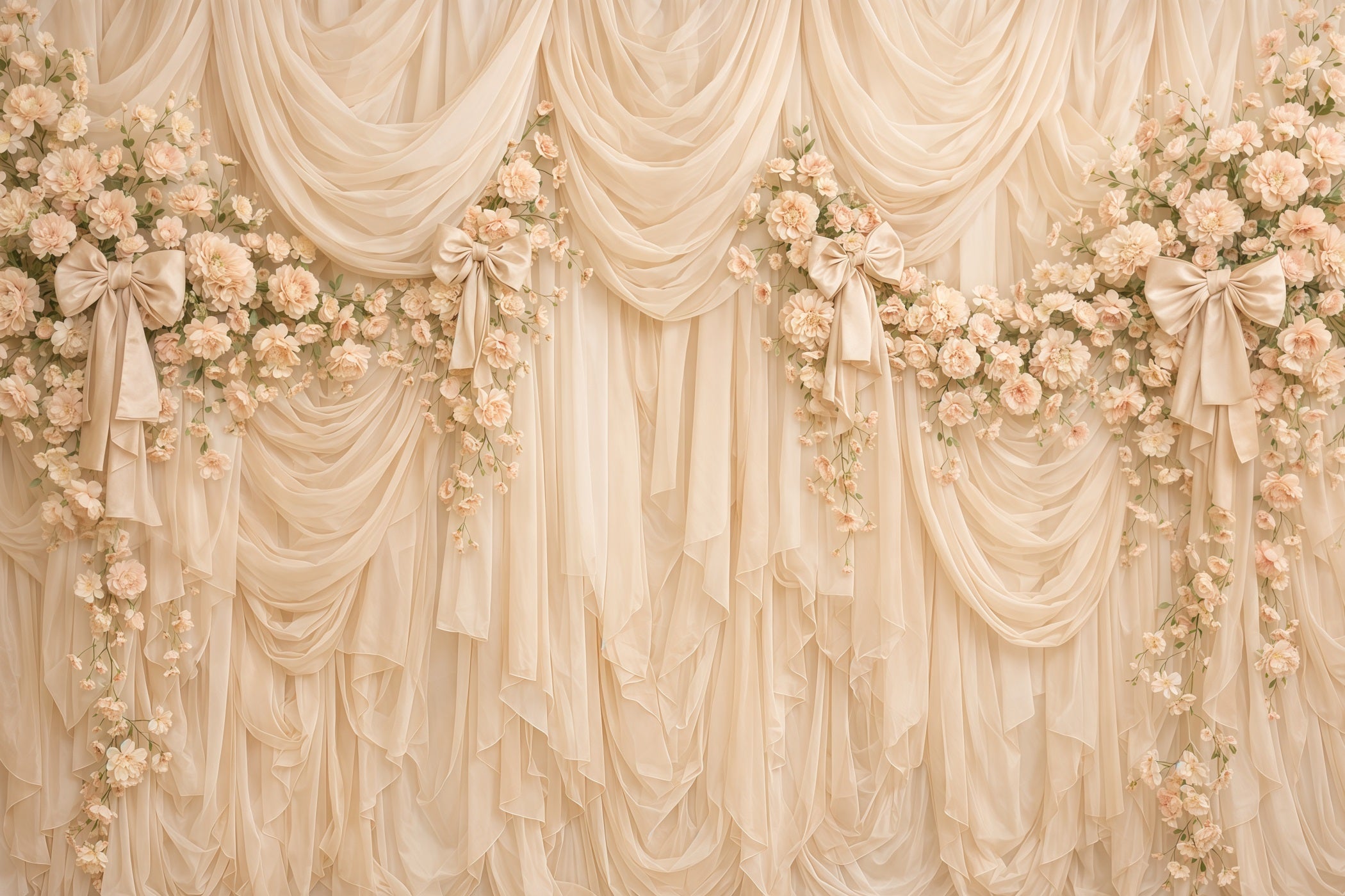 Ribbon Bow Mother's Day Backdrop Champagne Draped Floral Bow Mother's Day Backdrops CSH63-69