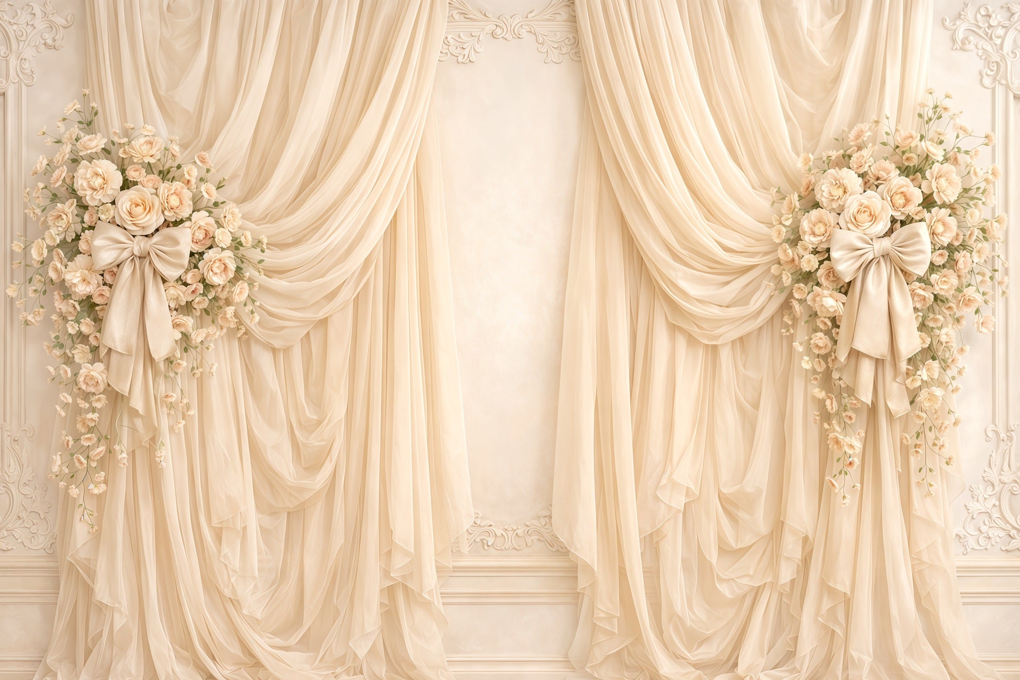 Ribbon Bow Mother's Day Backdrop Ivory Curtain Floral Bow Mother's Day Backdrops CSH63-70