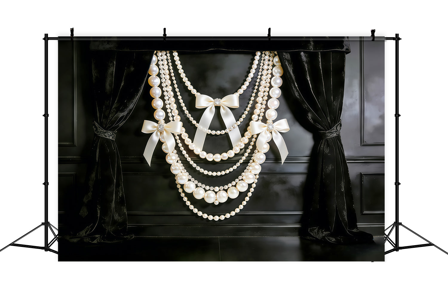 Ribbon Bow Mother's Day Backdrop Black Velvet Pearl Bow Drapes Mother's Day Backdrops CSH63-71