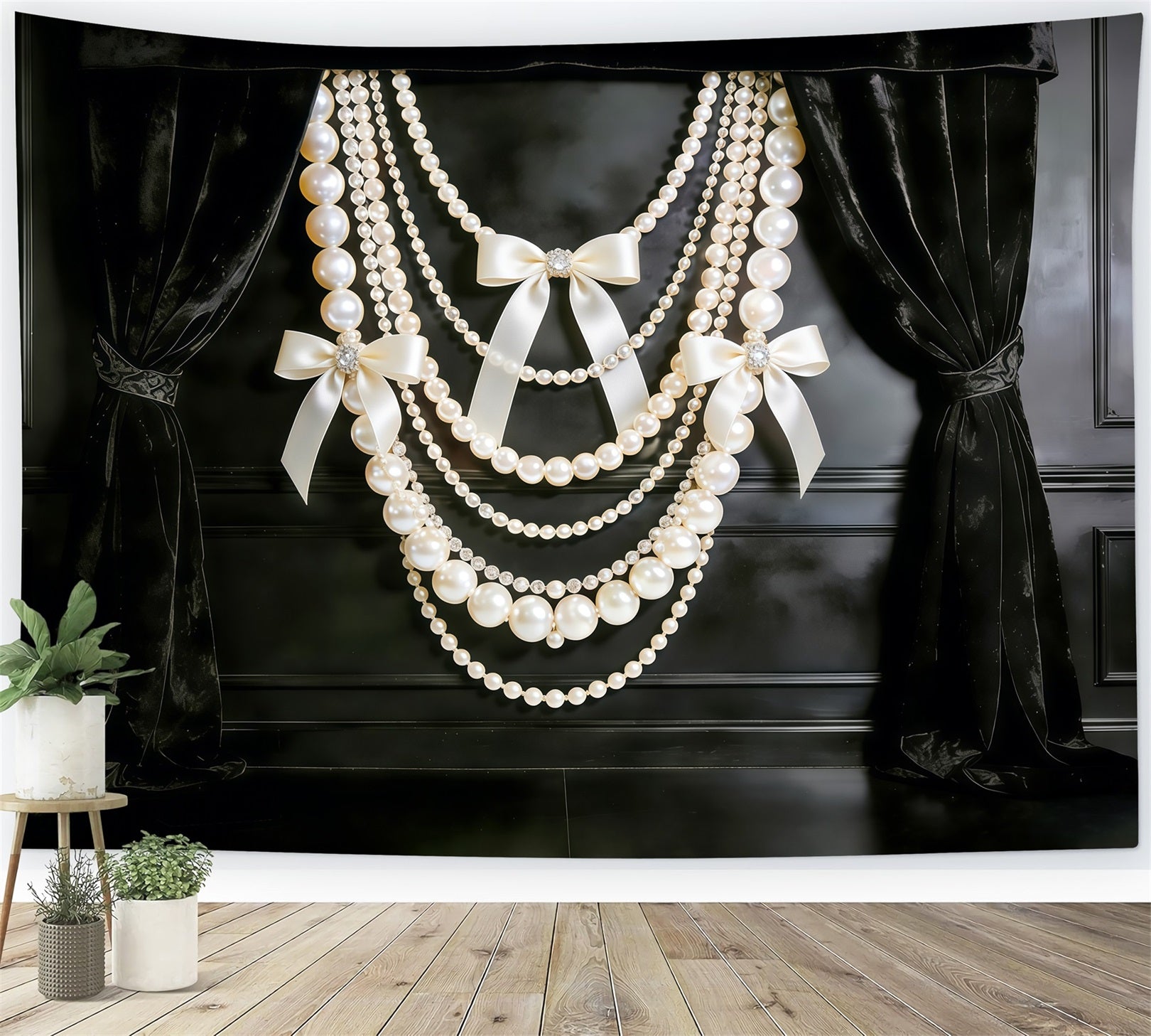 Ribbon Bow Mother's Day Backdrop Black Velvet Pearl Bow Drapes Mother's Day Backdrops CSH63-71