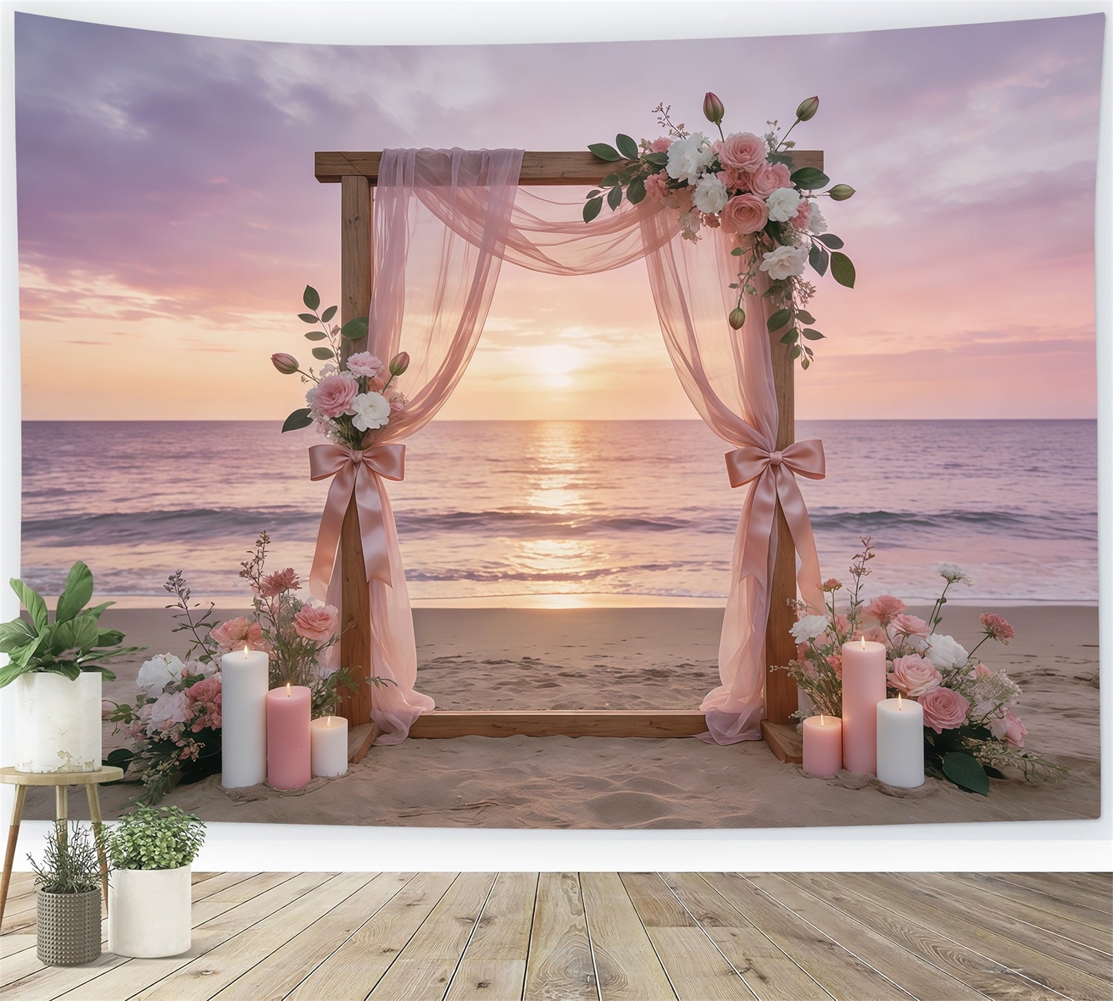 Ribbon Bow Mother's Day Backdrop Blush Coastal Sunset Floral Arch Mother's Day Backdrops CSH63-72