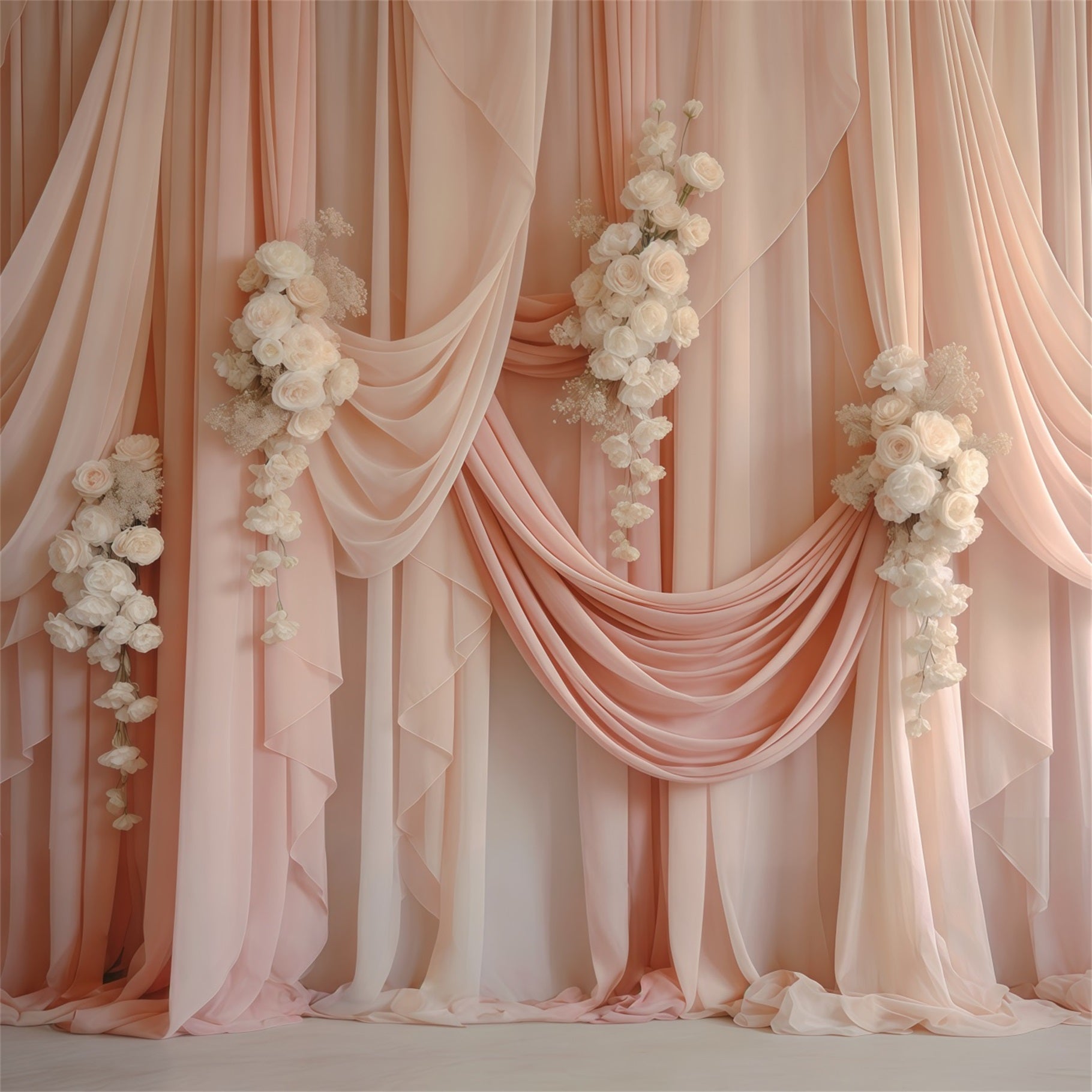 Sheer Curtains Mother's Day Backdrop Blush Draped White Rose Swags Mothers Day Backdrops CSH63-75