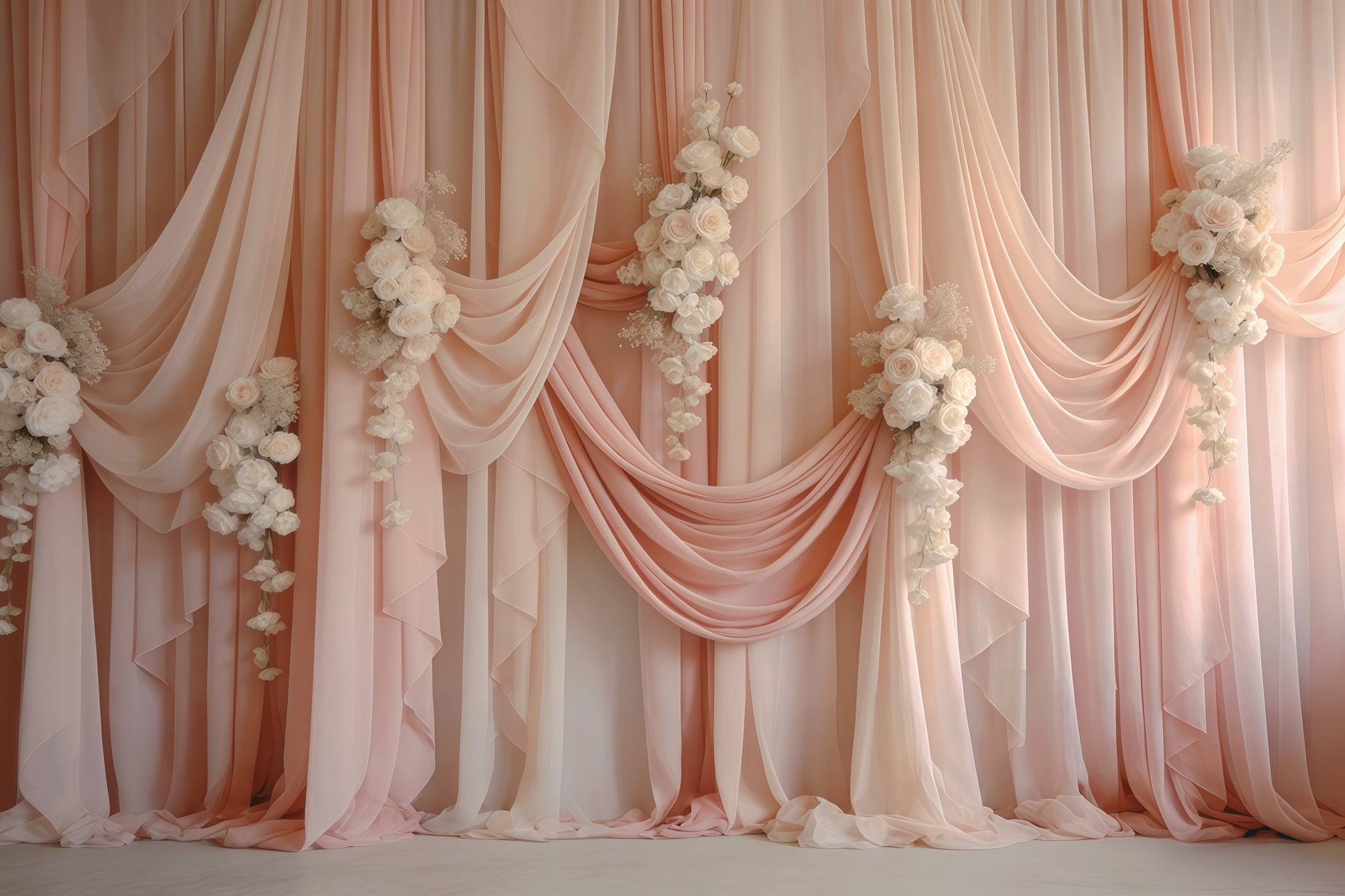 Sheer Curtains Mother's Day Backdrop Blush Draped White Rose Swags Mothers Day Backdrops CSH63-75