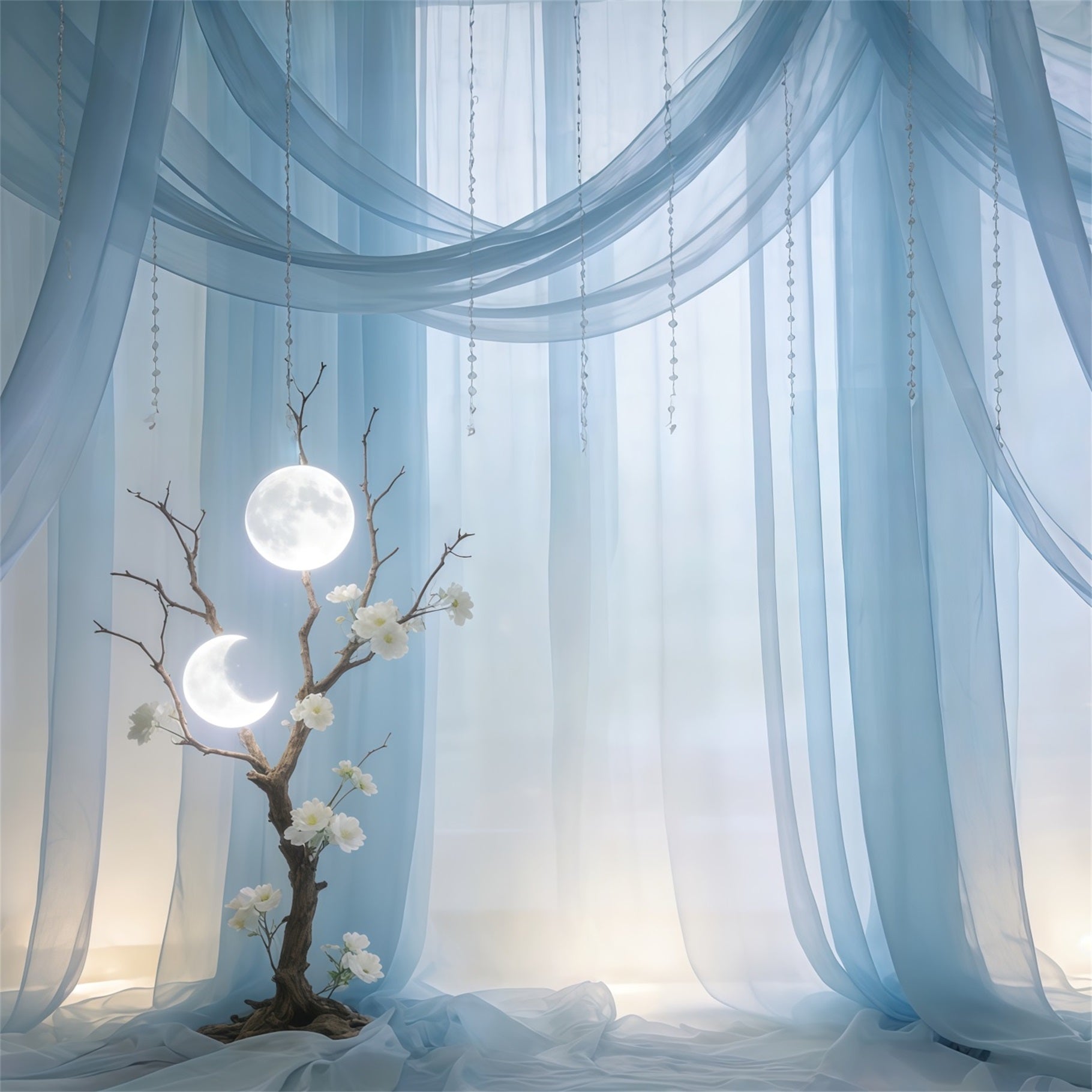 Sheer Curtains Mother's Day Backdrop Sky Blue Moonlit Draped Tree Mothers Day Backdrops CSH63-76
