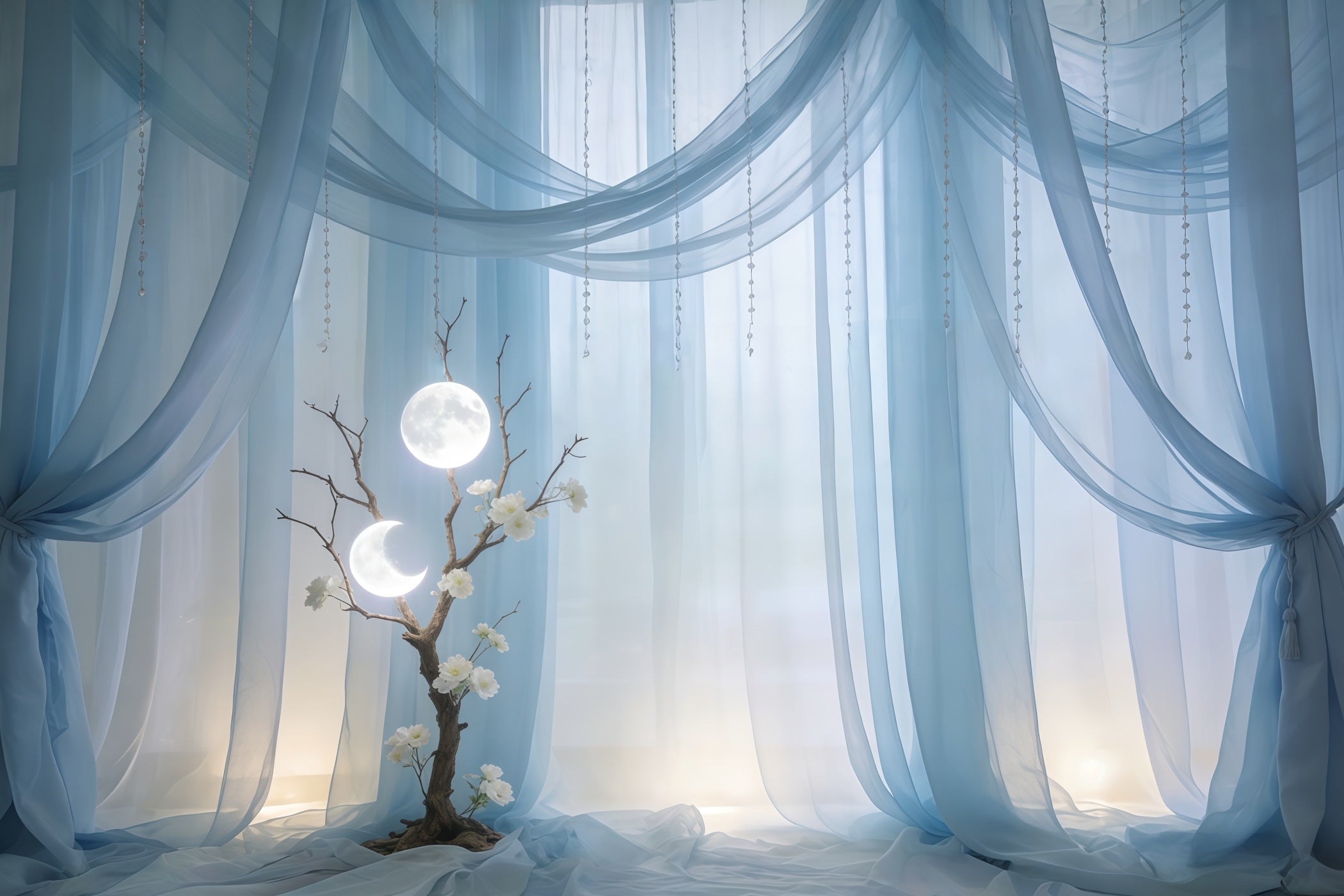 Sheer Curtains Mother's Day Backdrop Sky Blue Moonlit Draped Tree Mothers Day Backdrops CSH63-76
