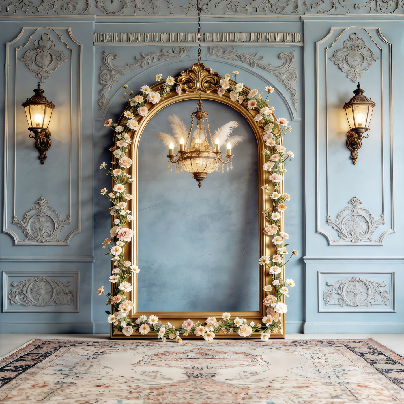 Photo Frame Mother's Day Backdrop Powder Blue Floral Arch Chandelier Mothers Day Photo Backdrop CSH63-78