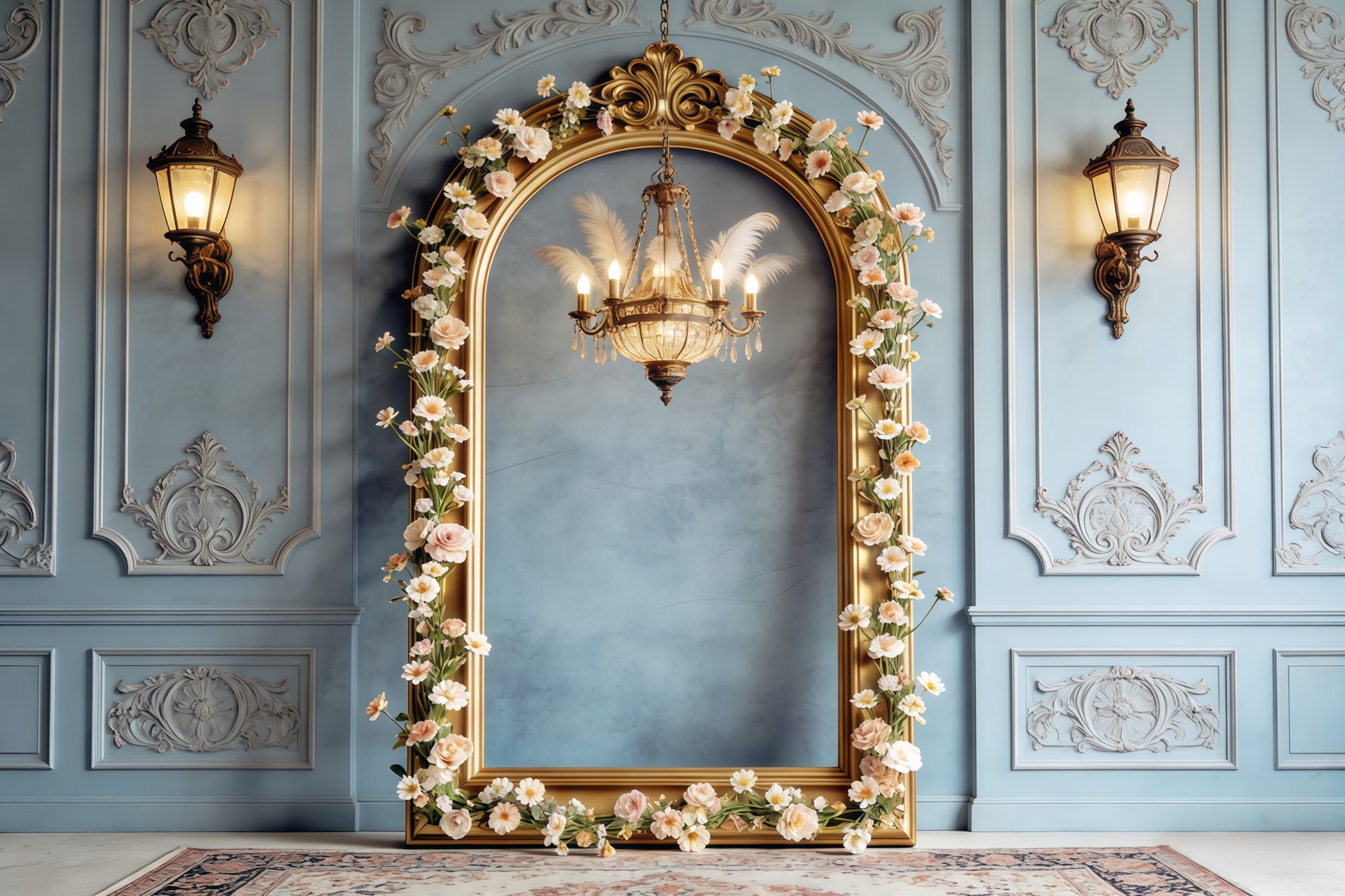 Photo Frame Mother's Day Backdrop Powder Blue Floral Arch Chandelier Mothers Day Photo Backdrop CSH63-78