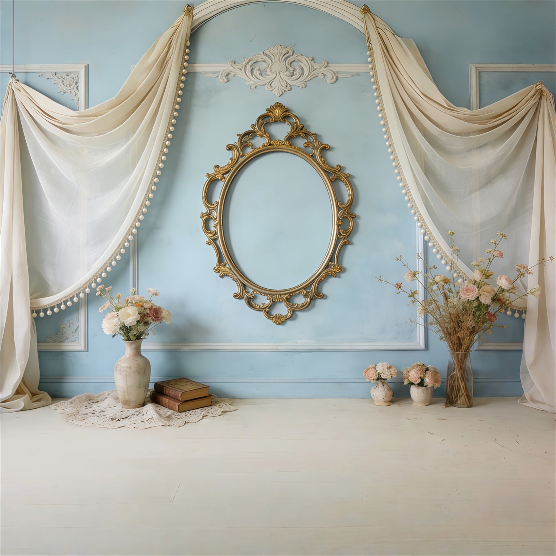 Photo Frame Mother's Day Backdrop Vintage Blue Mirror Floral Drapes Mothers Day Photo Backdrop CSH63-80