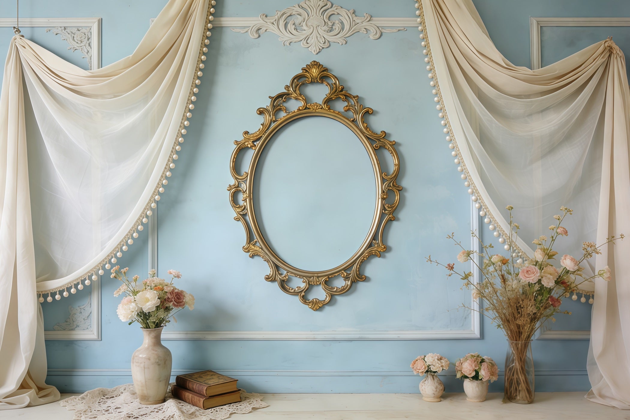 Photo Frame Mother's Day Backdrop Vintage Blue Mirror Floral Drapes Mothers Day Photo Backdrop CSH63-80
