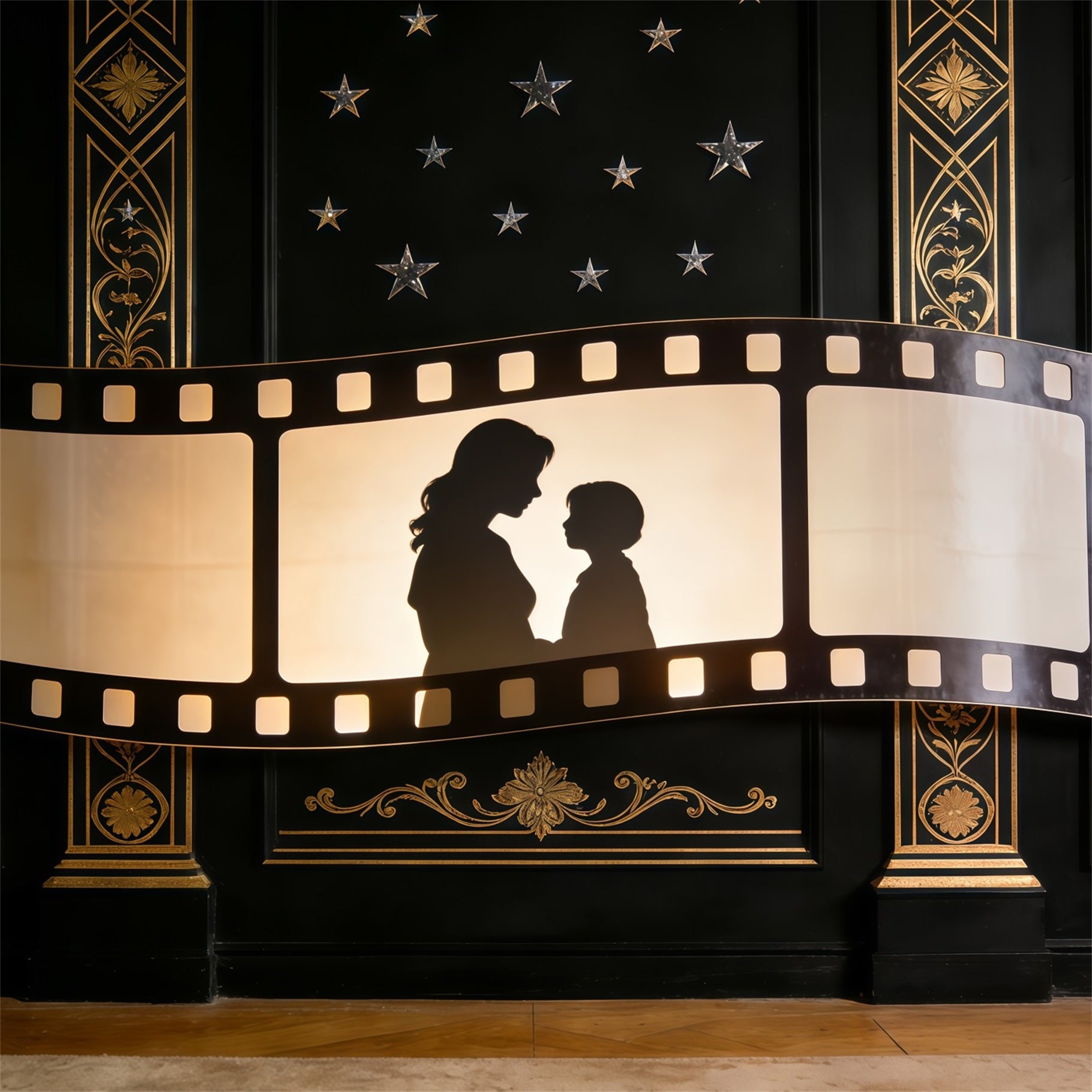 Mother Daughter Silhouette Mother's Day Backdrop Golden Filmstrip Art Deco Mother Day Backdrop CSH63-81