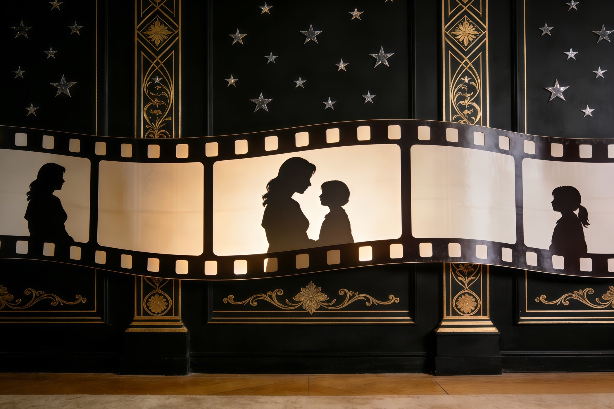 Mother Daughter Silhouette Mother's Day Backdrop Golden Filmstrip Art Deco Mother Day Backdrop CSH63-81