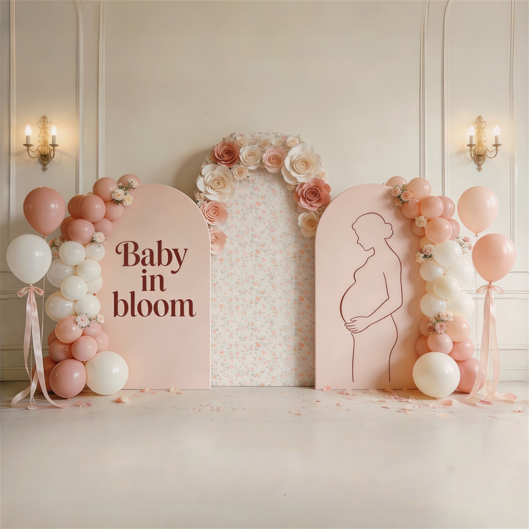 Mother Daughter Silhouette Mother's Day Backdrop Blush Floral Balloon Arch Mother Day Backdrop CSH63-82