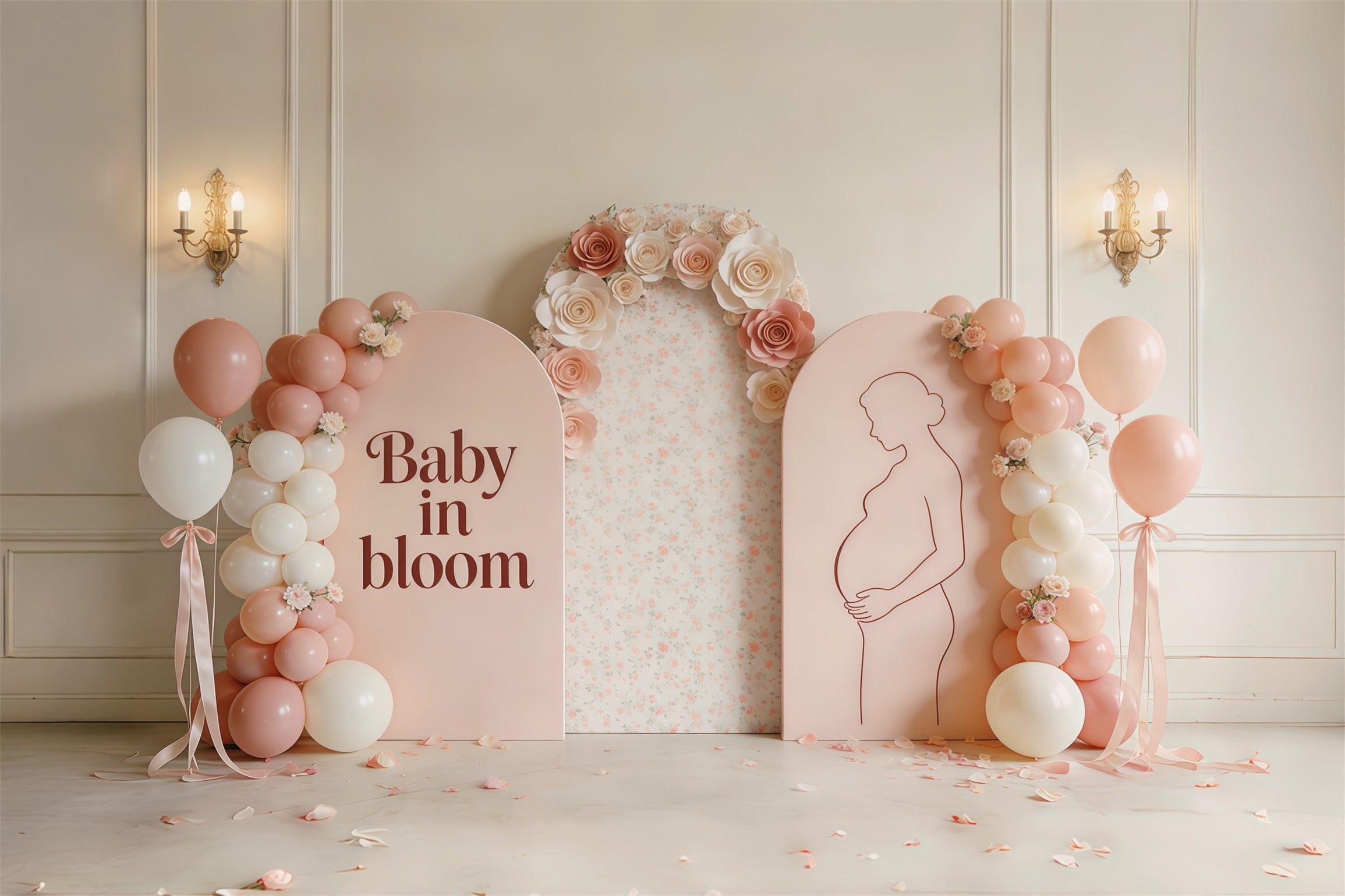 Mother Daughter Silhouette Mother's Day Backdrop Blush Floral Balloon Arch Mother Day Backdrop CSH63-82