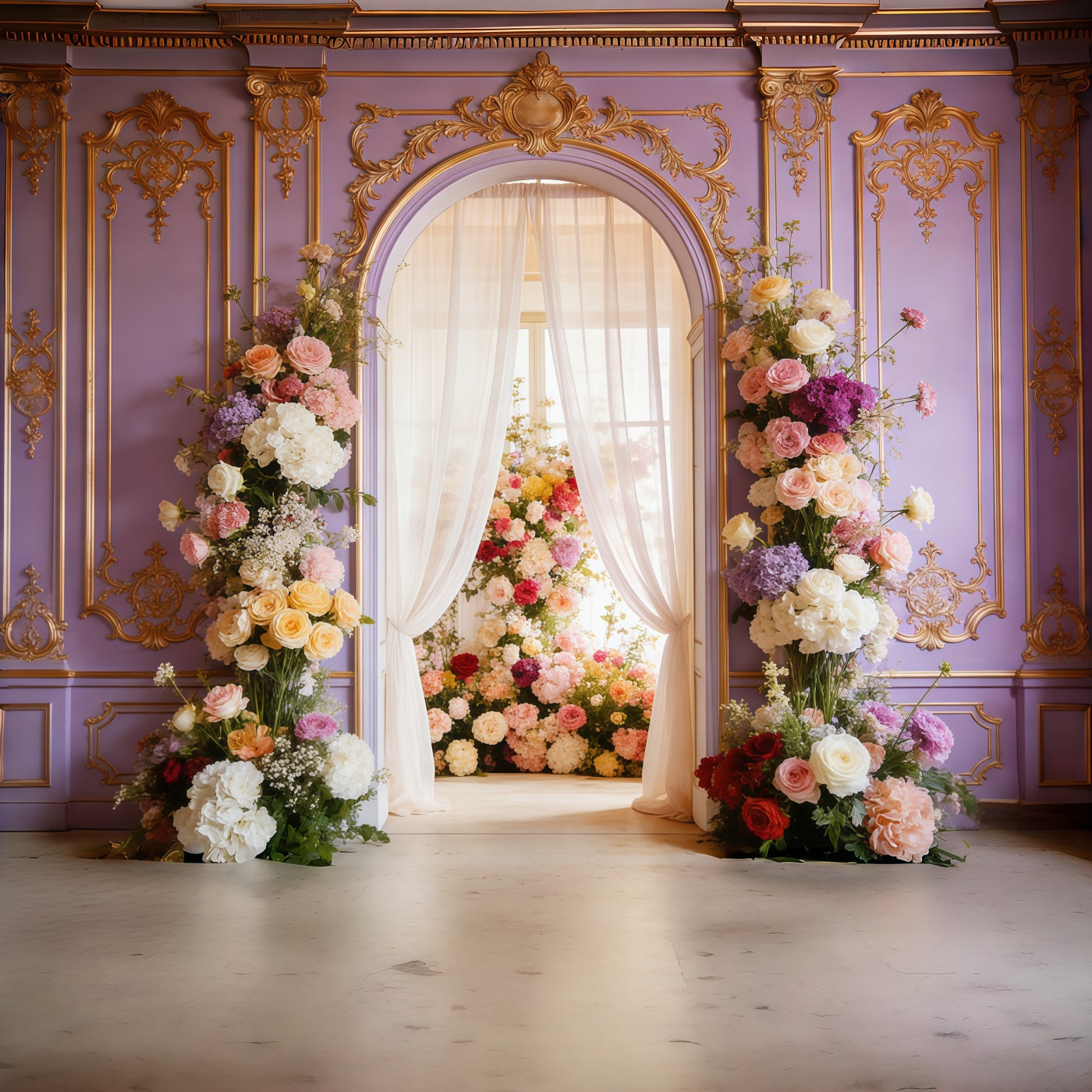 Rococo Floral Mother's Day Backdrop Lavender Palace Bloom Archway Mother's Day Photoshoot Backdrop CSH63-88