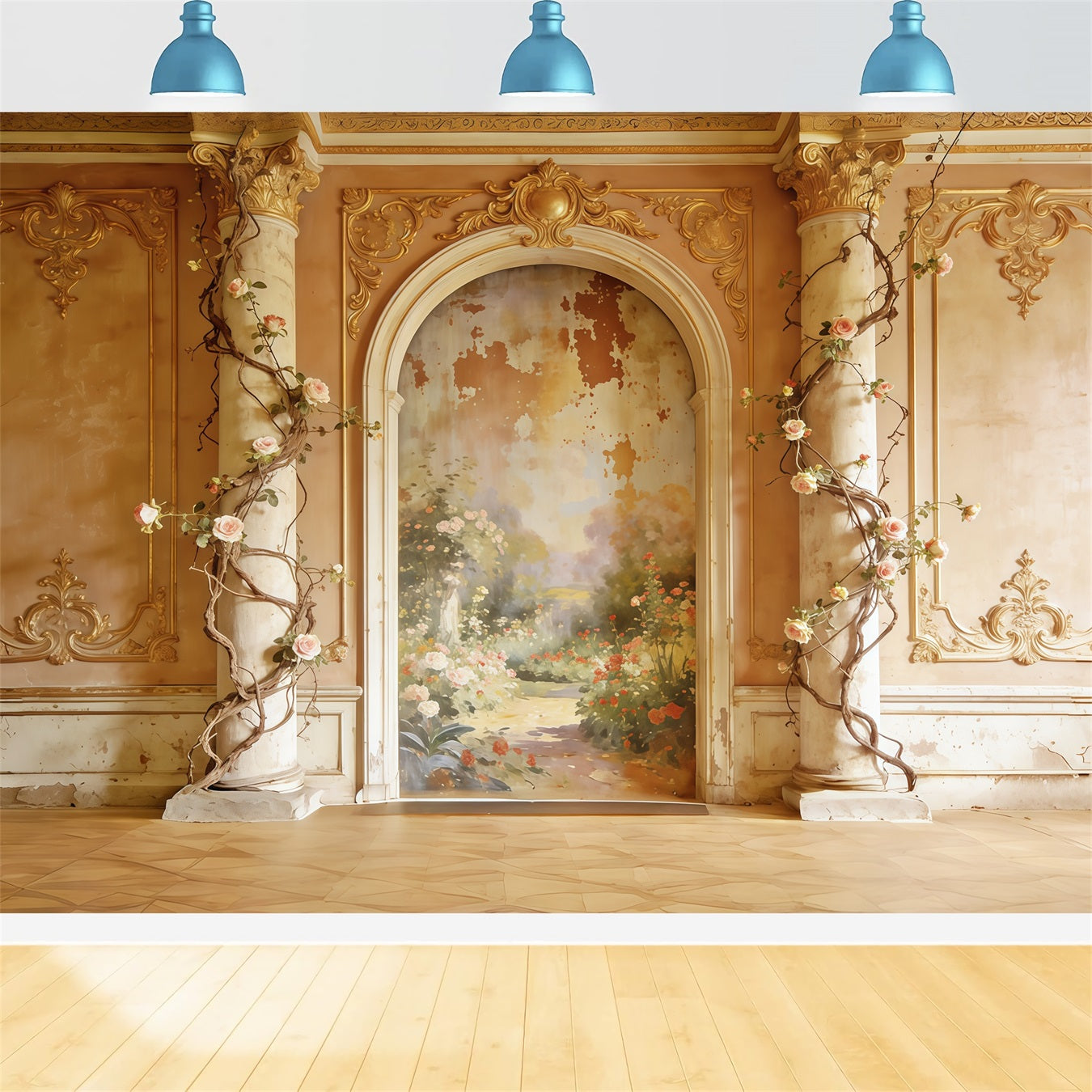 Rococo Floral Mother's Day Backdrop Golden Garden Mural Archway Mother's Day Photoshoot Backdrop CSH63-89