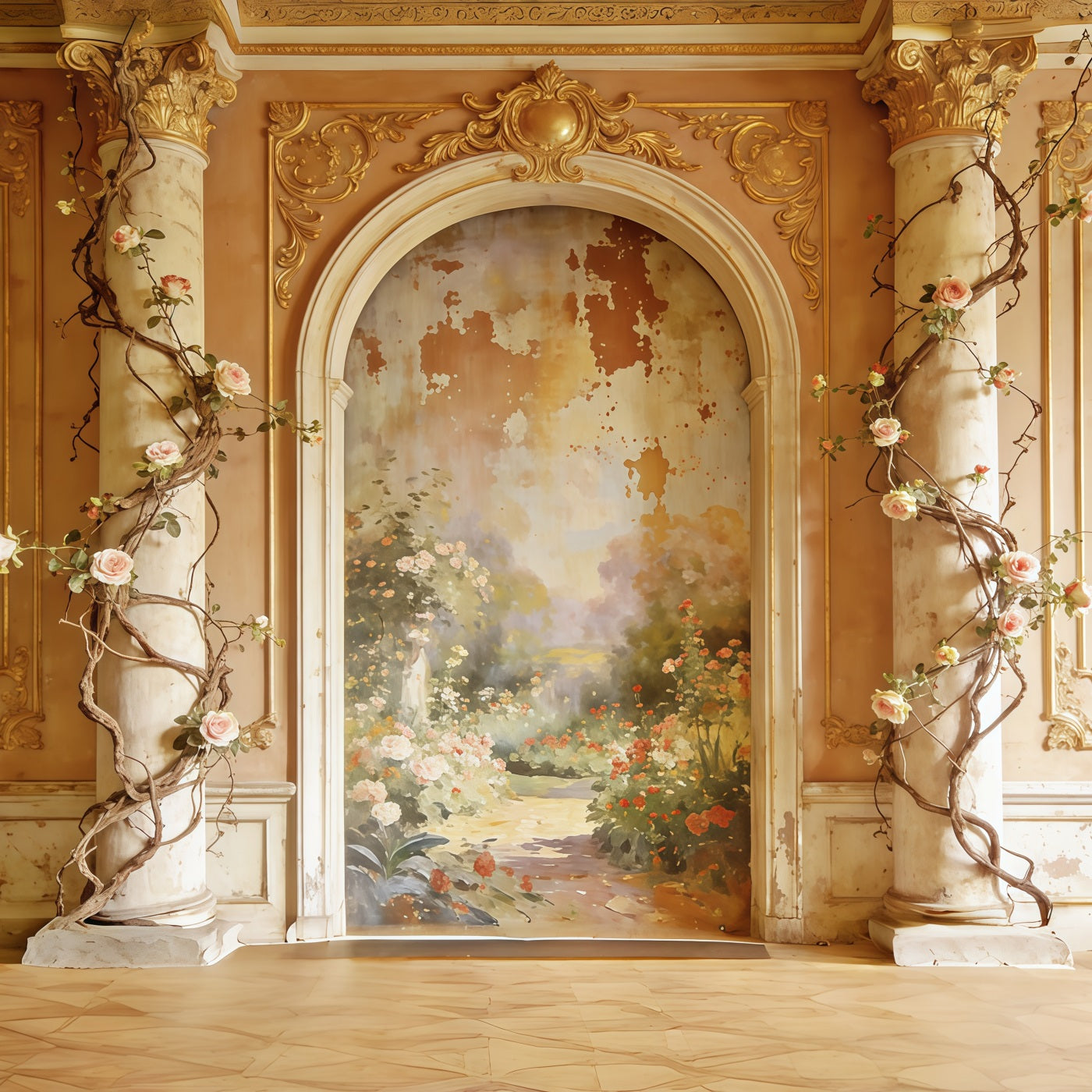 Rococo Floral Mother's Day Backdrop Golden Garden Mural Archway Mother's Day Photoshoot Backdrop CSH63-89