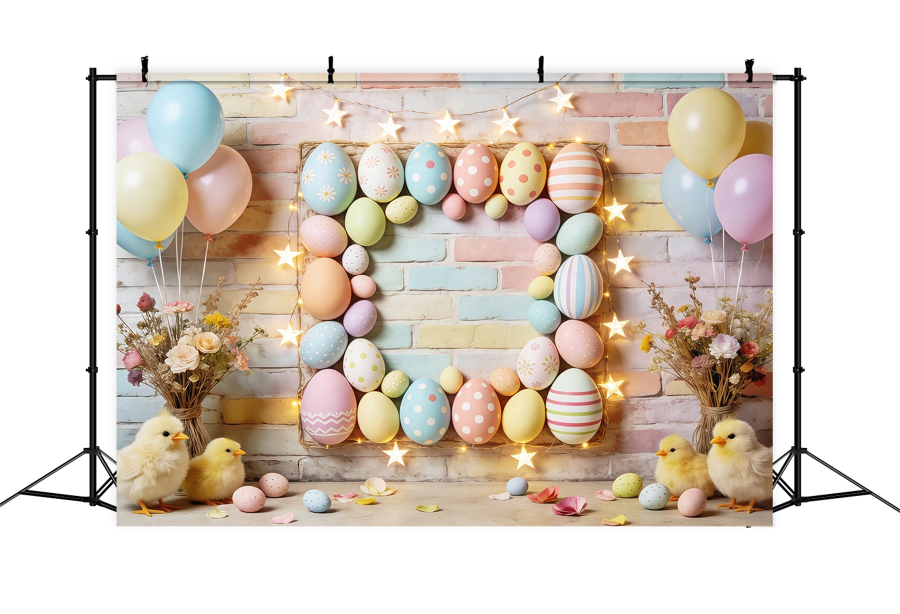Easter Pastel Balloons Backdrop Egg Frame Star Lights Chicks Easter Picture Backdrops CSH63-9