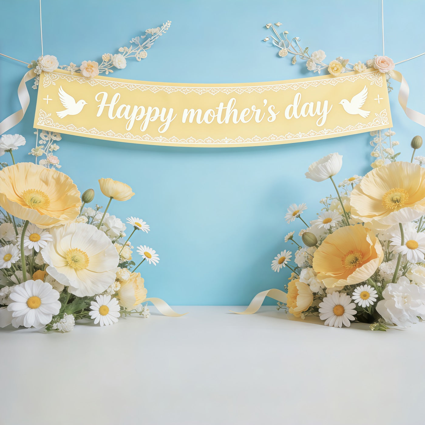 Mother's Day Backdrop For Church Blue Daisy Poppy Banner Photo Backdrops For Mothers Day CSH63-91
